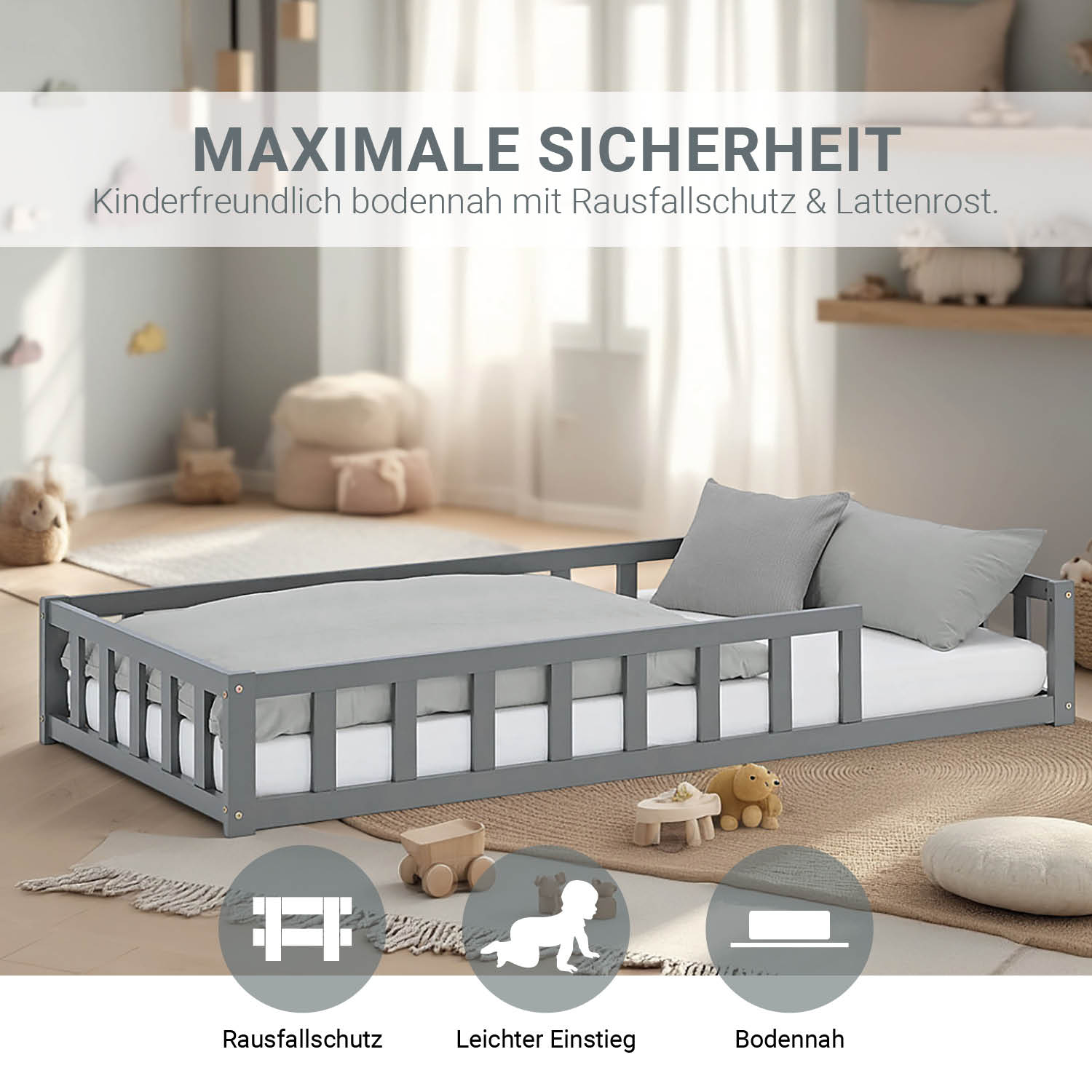 Children's Bed 90x200 Grey | Floor Bed with Mattress & Slatted Frame | with Fall Protection | Montessori