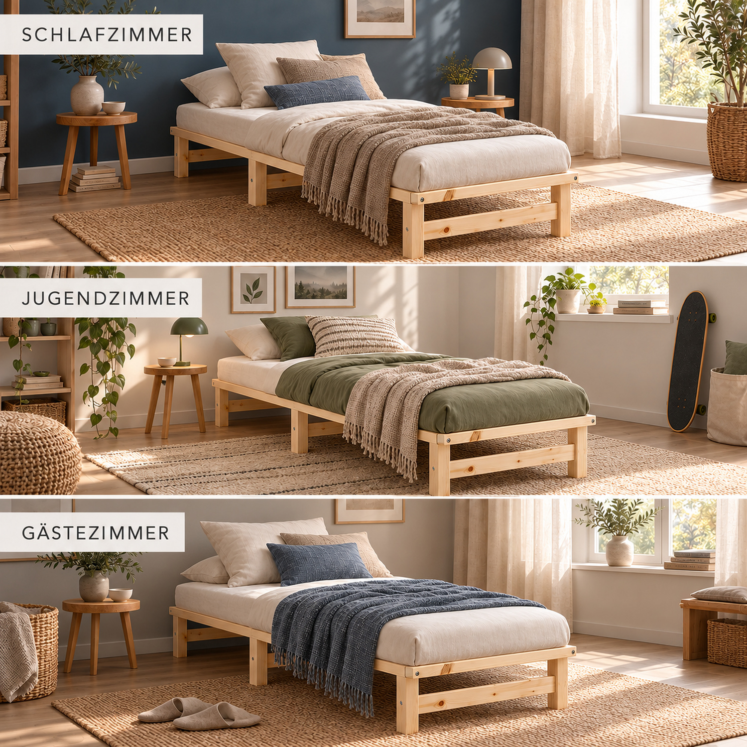 90x200 cm Natural Wooden Pallet Bed – Single Wooden Bed with Mattress & Slatted Base for Teen Rooms, Guest Rooms, and Bedrooms