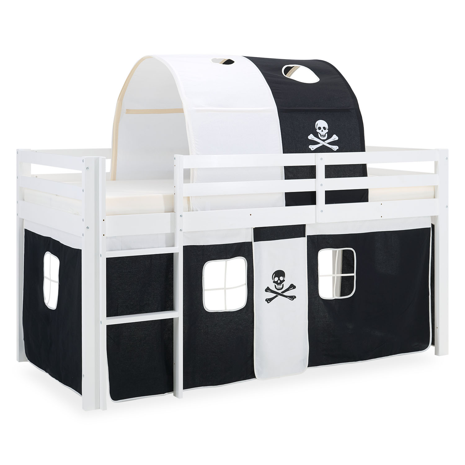 Loftbed 90x200 cm Bunk bed Childrens bed Solid Pine Wood Tower Tunnel Curtain Black Pirate Slide Mattress Slats