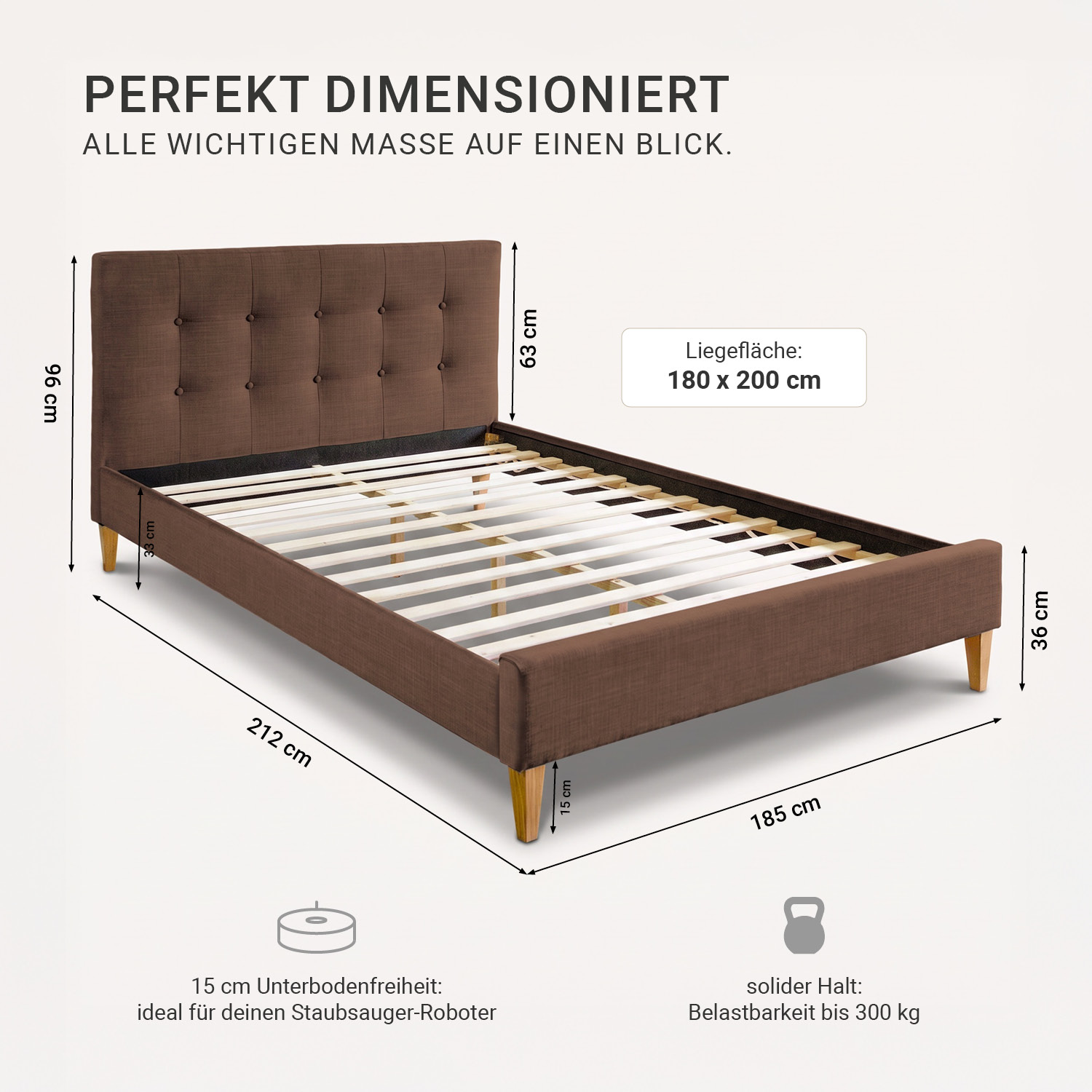 Upholstered bed 180x200 cm brown | with slatted frame | double fabric bed frame