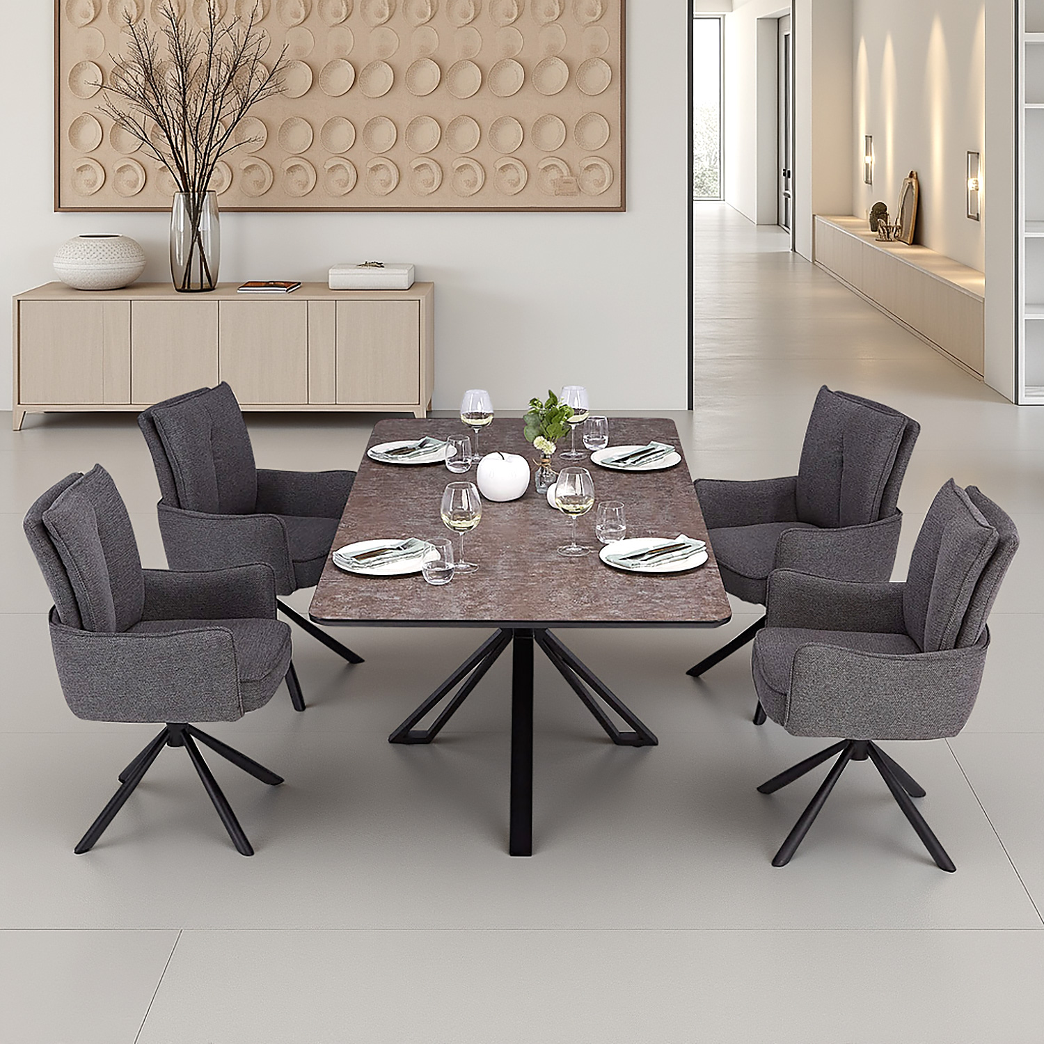 Modern Dining Table 200x100 cm Brown Black with 4 Dark Grey Fabric Chairs Dining Room Table 8 Seater Industrial Look