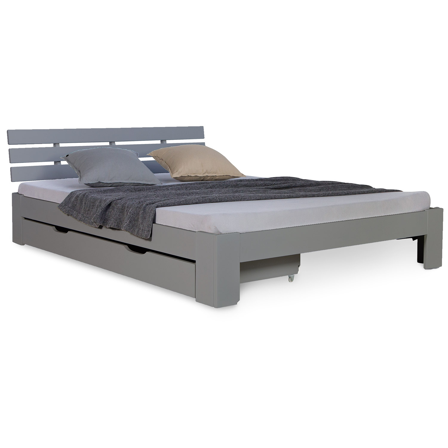 Wooden Bed 140x200 cm, Gray, with Storage Compartment & Slatted Base – Solid Wood Double Bed
