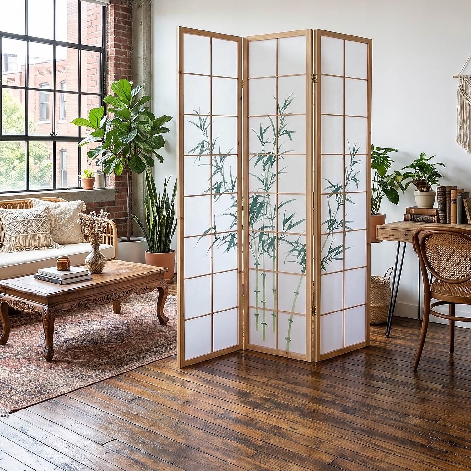 3-Panel Natural Screen – Shoji Room Divider with Bamboo Motif, Made of Wood and Rice Paper