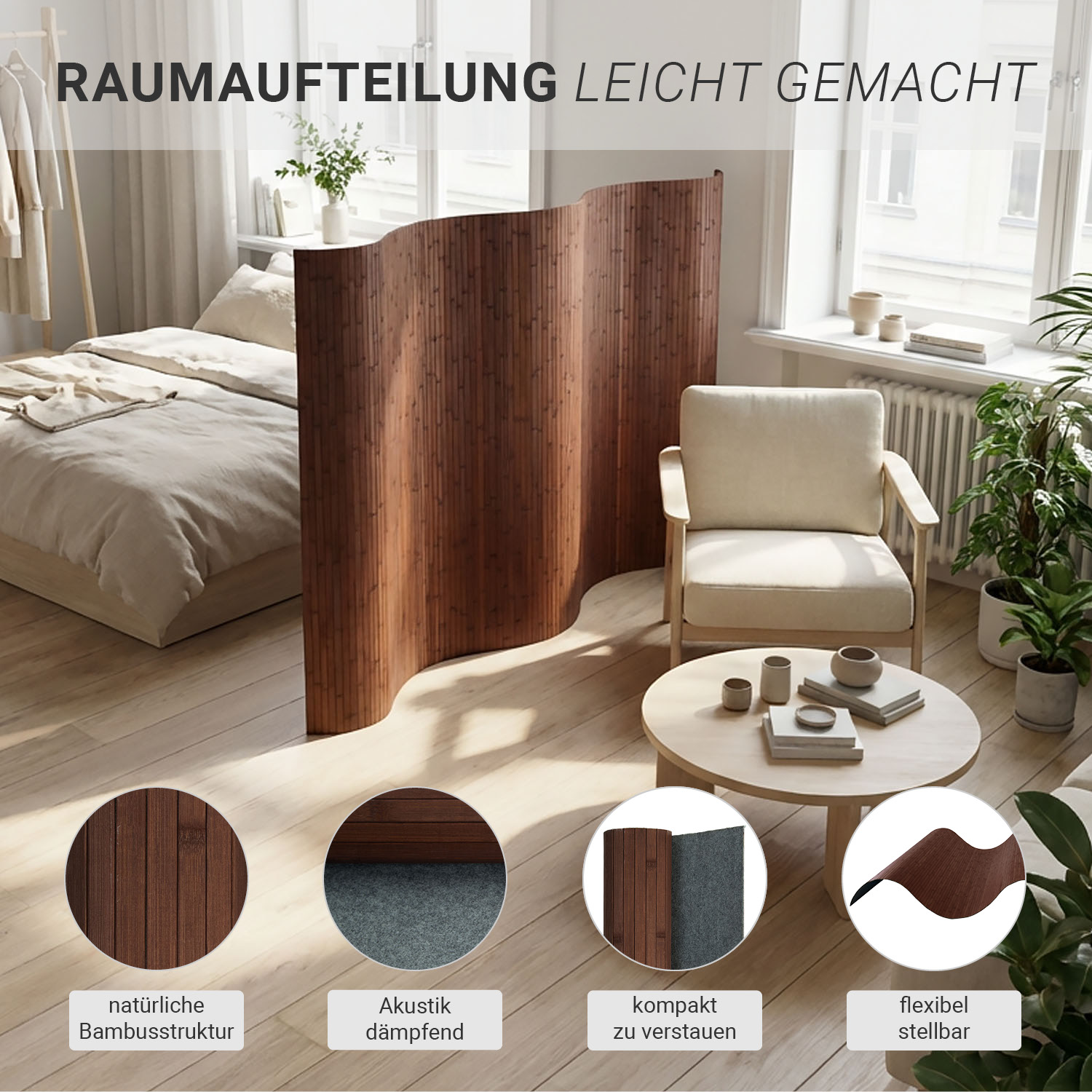 Paravent Bamboo Height 145 cm Dark Brown | Room Divider | Partition Privacy Screen