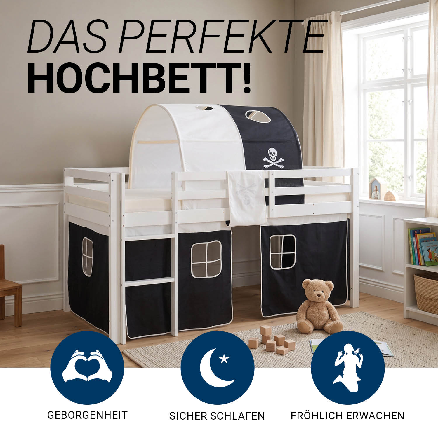 Children's loft bed, 90x200 cm, white with black curtain | Tunnel | Includes slatted base