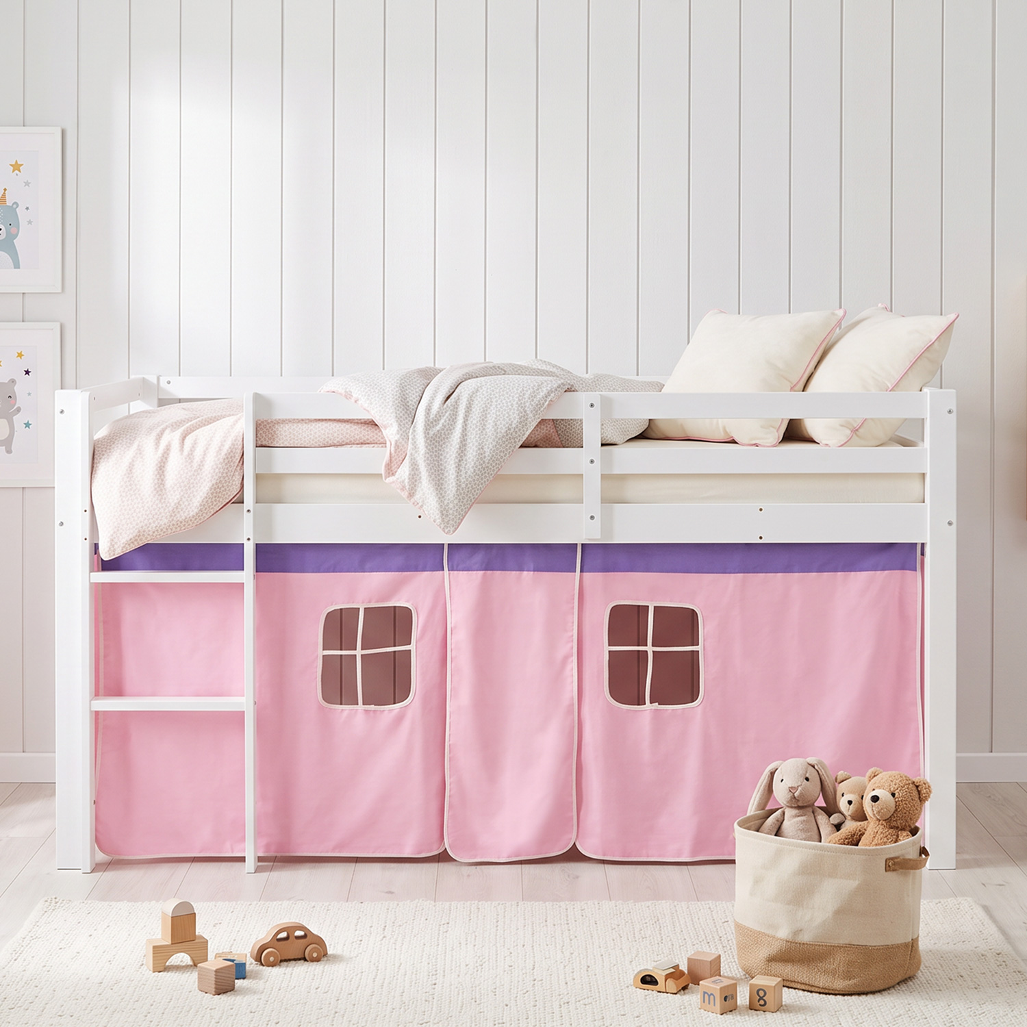 Children's Loft Bed, 90x200 cm, White with Pink Curtain | Without Slatted Base