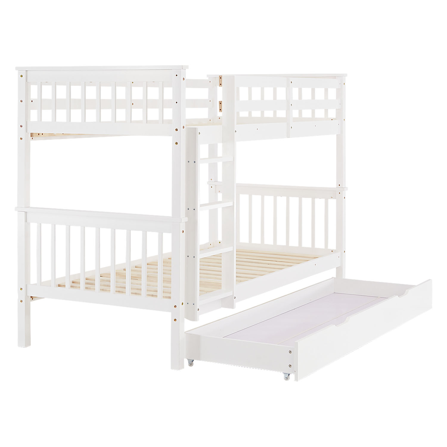 Bunk Bed 90x200 cm White | Kids Bed with Mattress | Storage | Fall Protection | Convertible | Massif pine wood