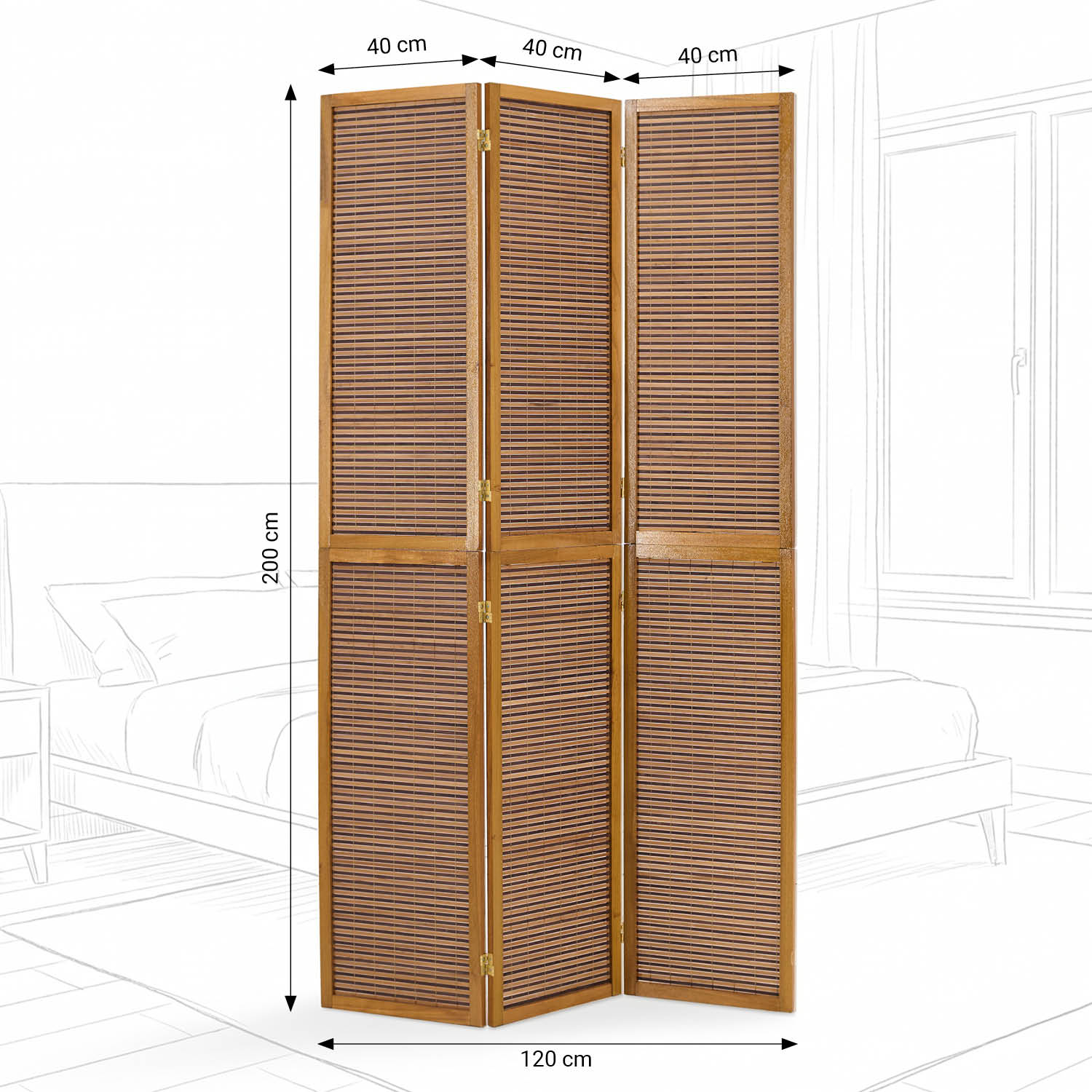 Brown 3-panel folding screen, 200 cm – Wooden room divider & privacy screen with slats