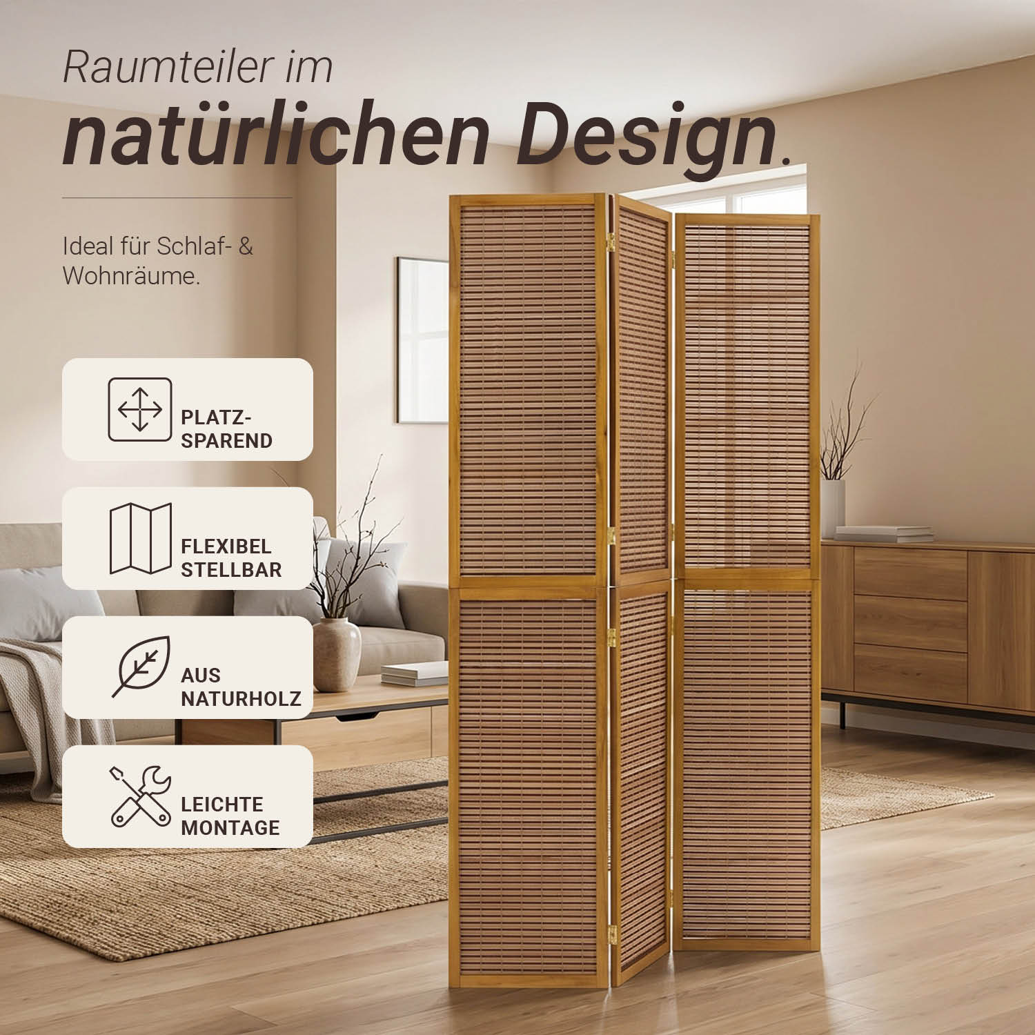 Brown Wooden Screen (3-panel) – Stylish Wooden Room Divider & Privacy Screen