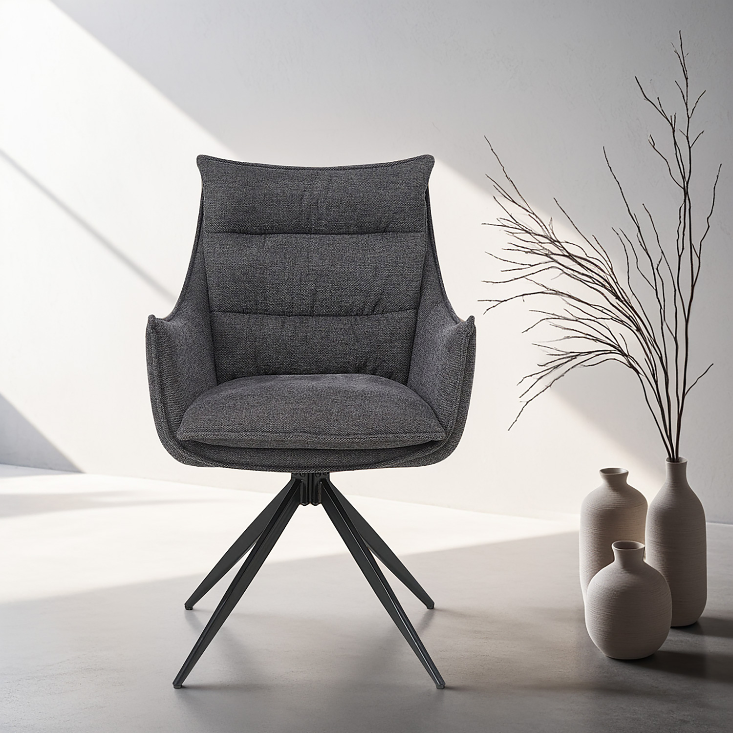 Upholstered Chair Fabric Anthracite | Set of 4 | swivel | with Armrests | Kitchen Dining Room Office