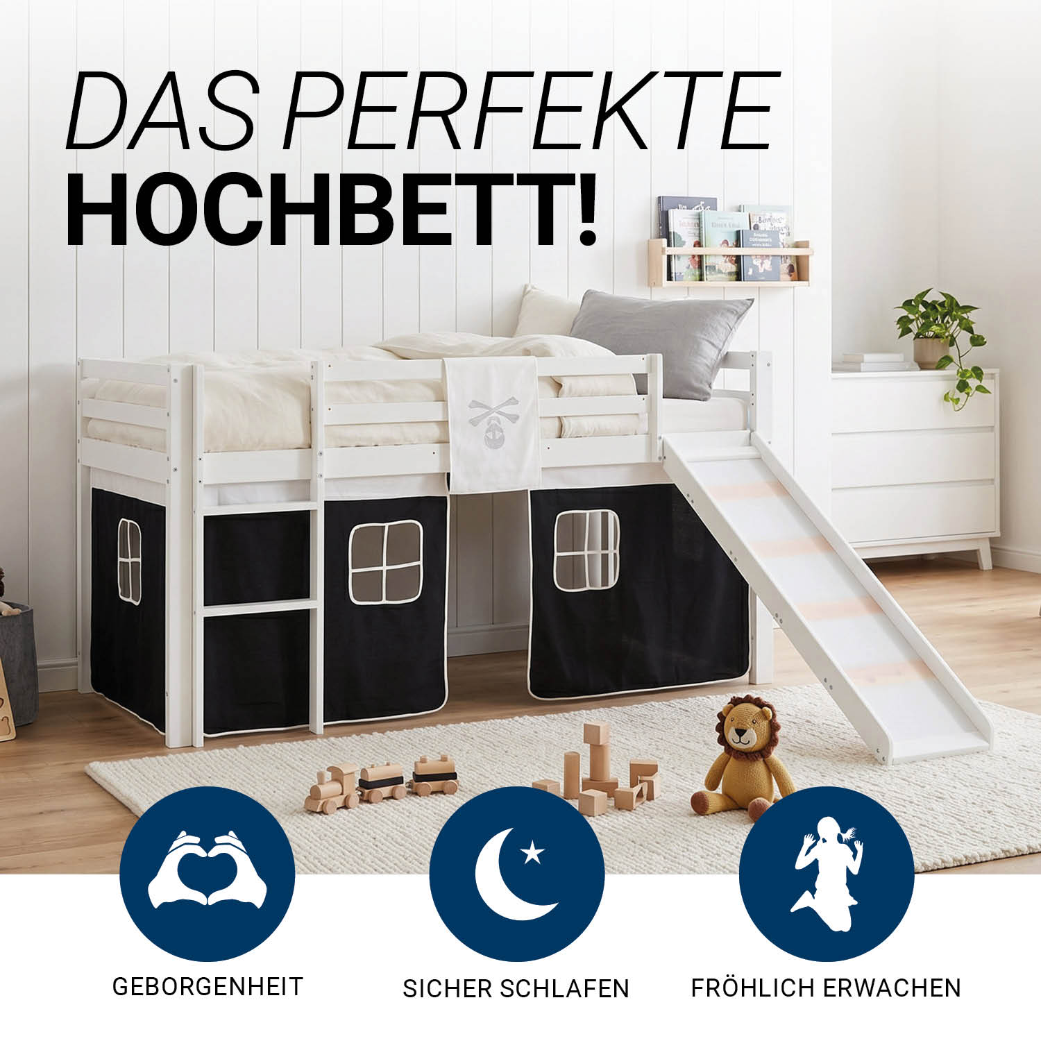Children's loft bed, 90x200 cm, white with black curtain | Slide | Includes slatted base