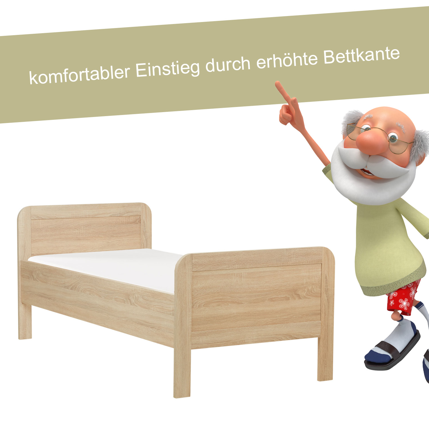 Comfort Bed 90x200 cm Natural | Senior Bed Height Adjustable | Single Bed | Wood | without Slatted Frame