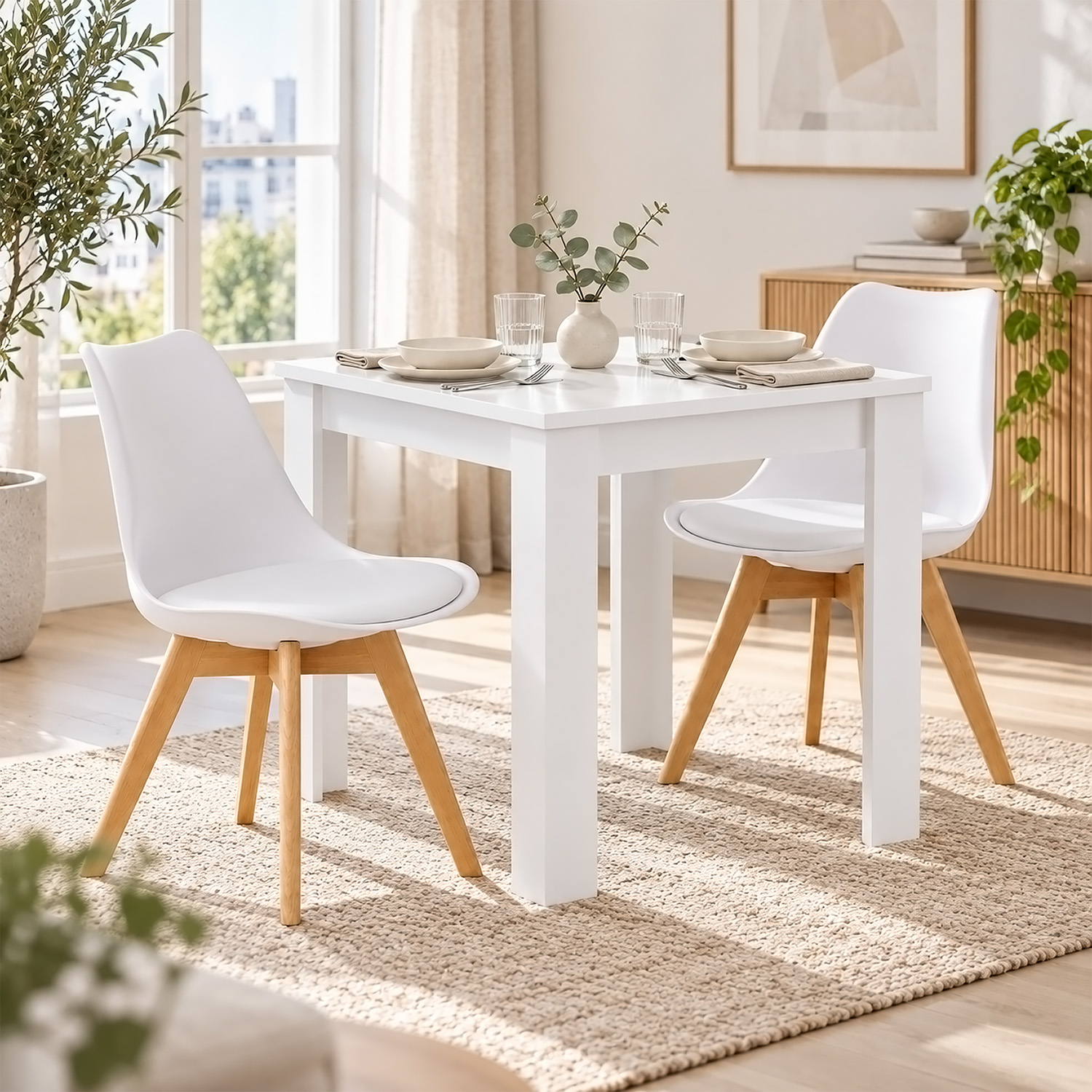 Dining Set (3-Piece): 80x80 cm white dining table with 2 plastic chairs and wooden legs