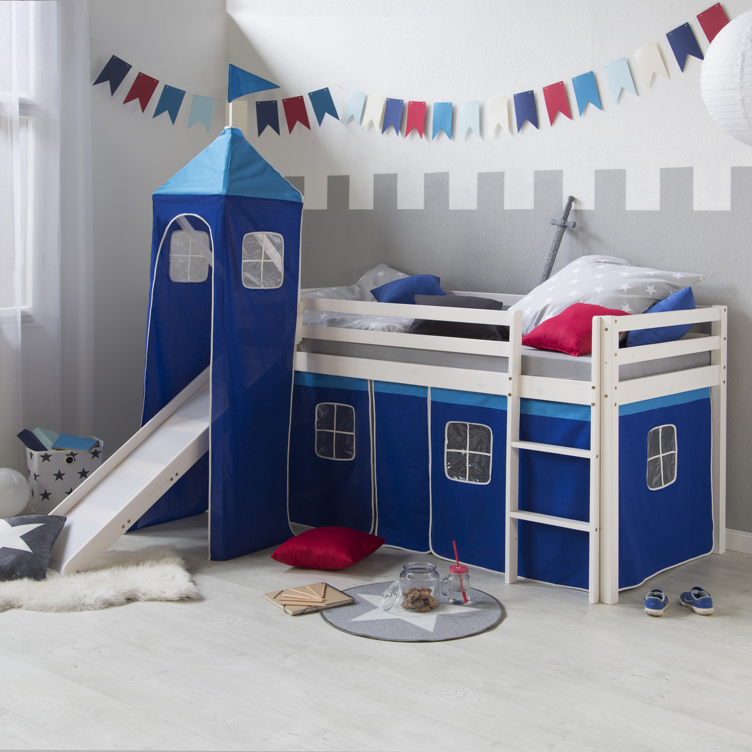 Loftbed 90x200 cm with Tower Slide Mattress Bunk bed Childrens bed Solid Pine Wood Slats Curtain Blue