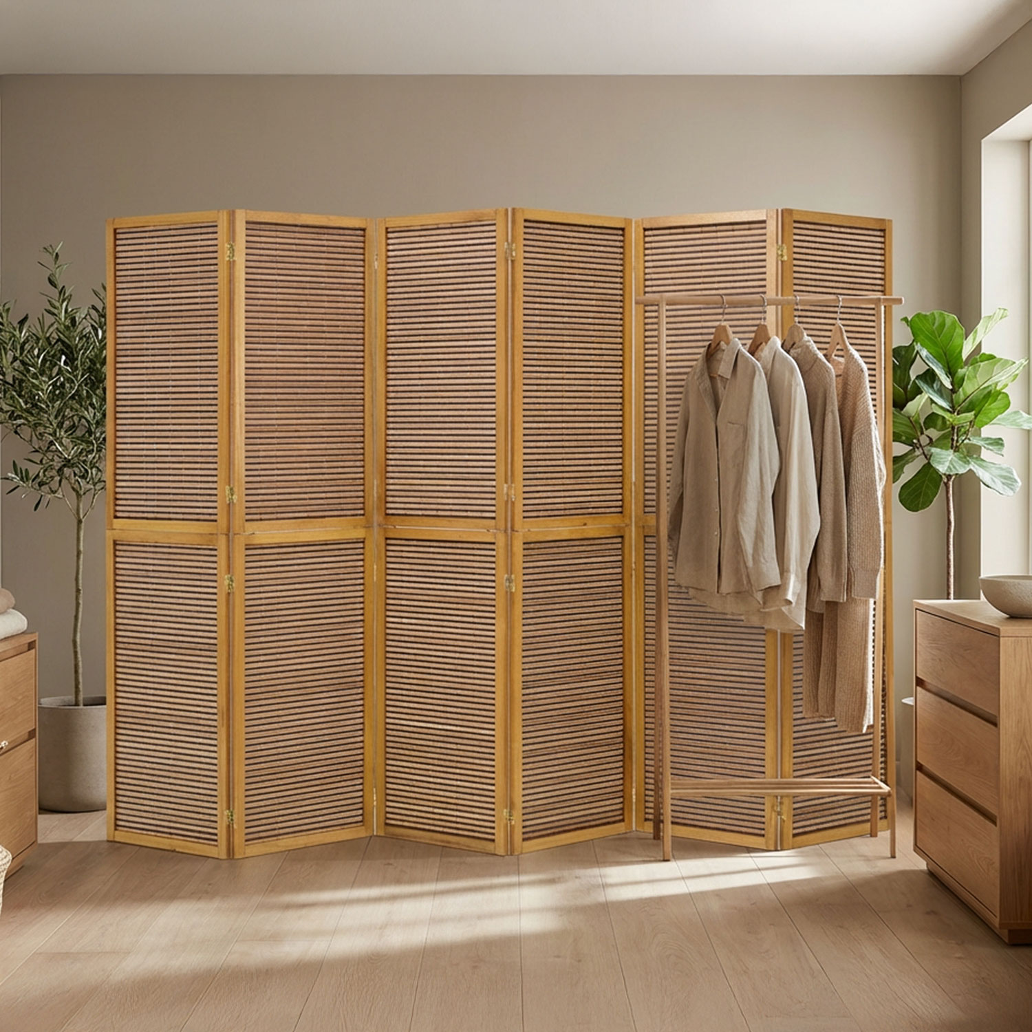 Paravent Brown Wooden Slats | 6-panel | Wood | Room Divider Partition Privacy Screen