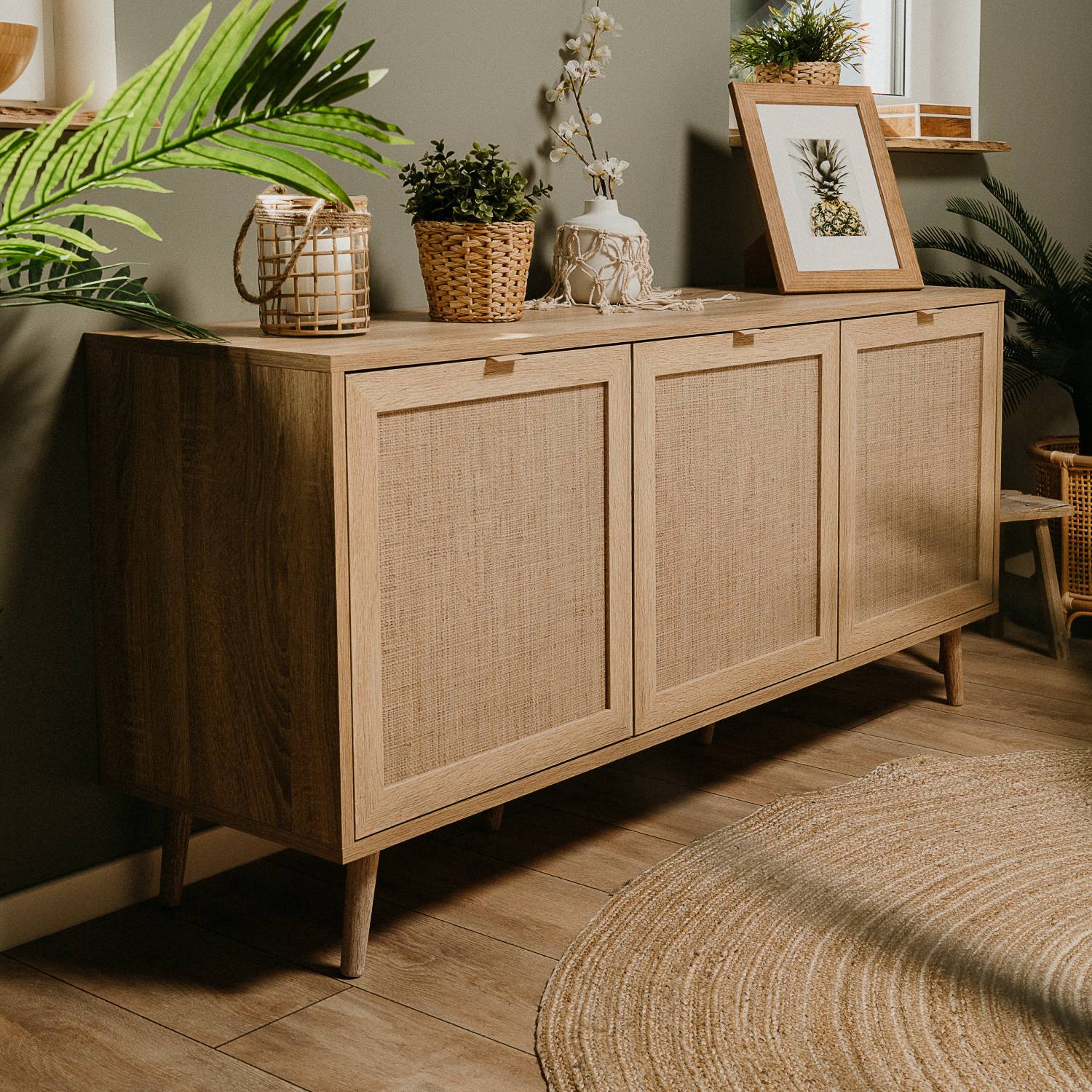 Sideboard Cabinet Cupboard Storage Solide Wood Rafia Brown