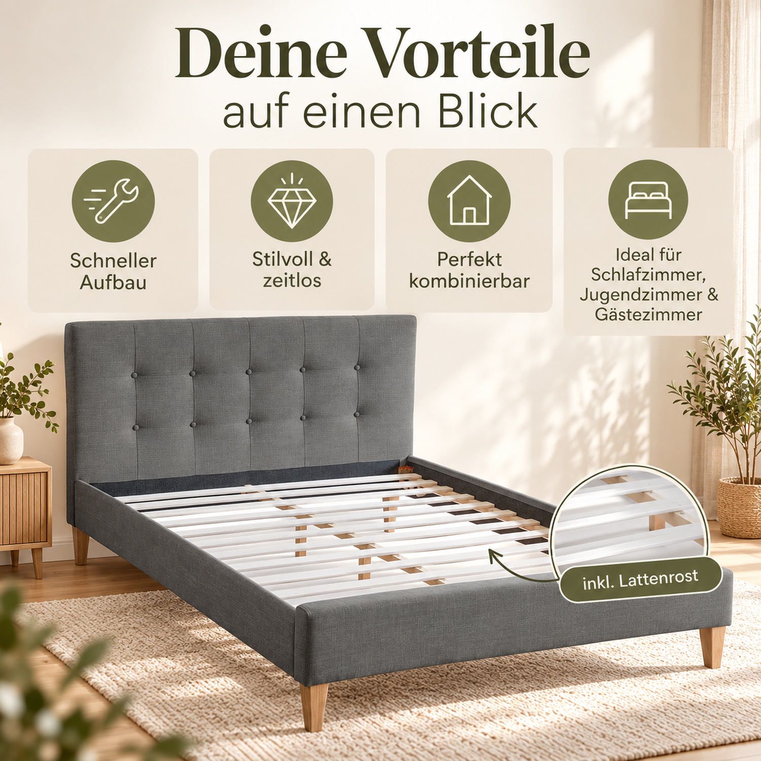 Upholstered bed 180x200 cm grey | with slatted frame | double fabric bed frame