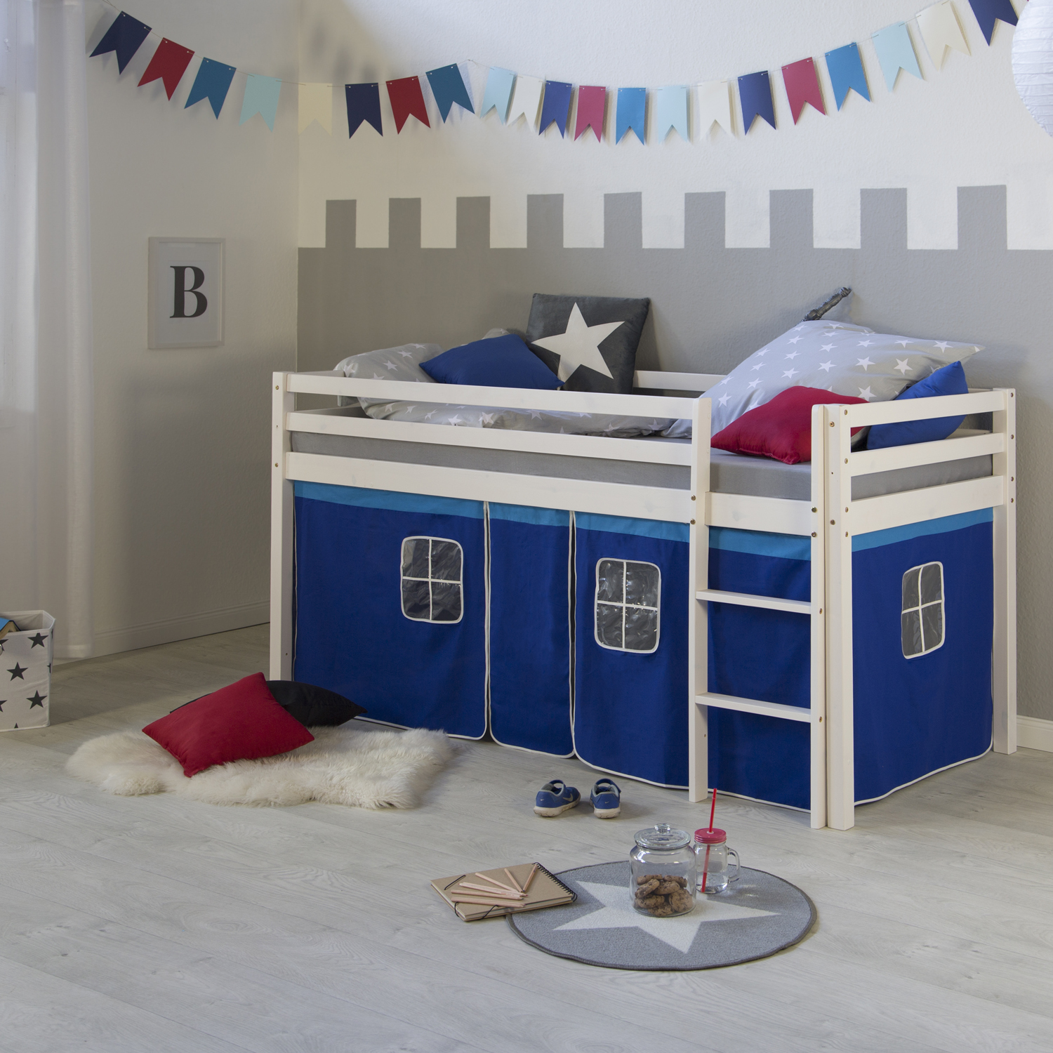 Loftbed 90x200 cm Bunk bed Childrens bed Solid Pine Wood Tower Tunnel Curtain Blue Slide Mattress Slats