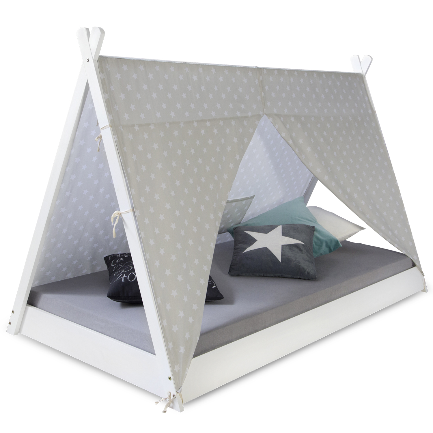 Children bed tipi with mattress tent bed 90x200 youth bed white grey canvas stars