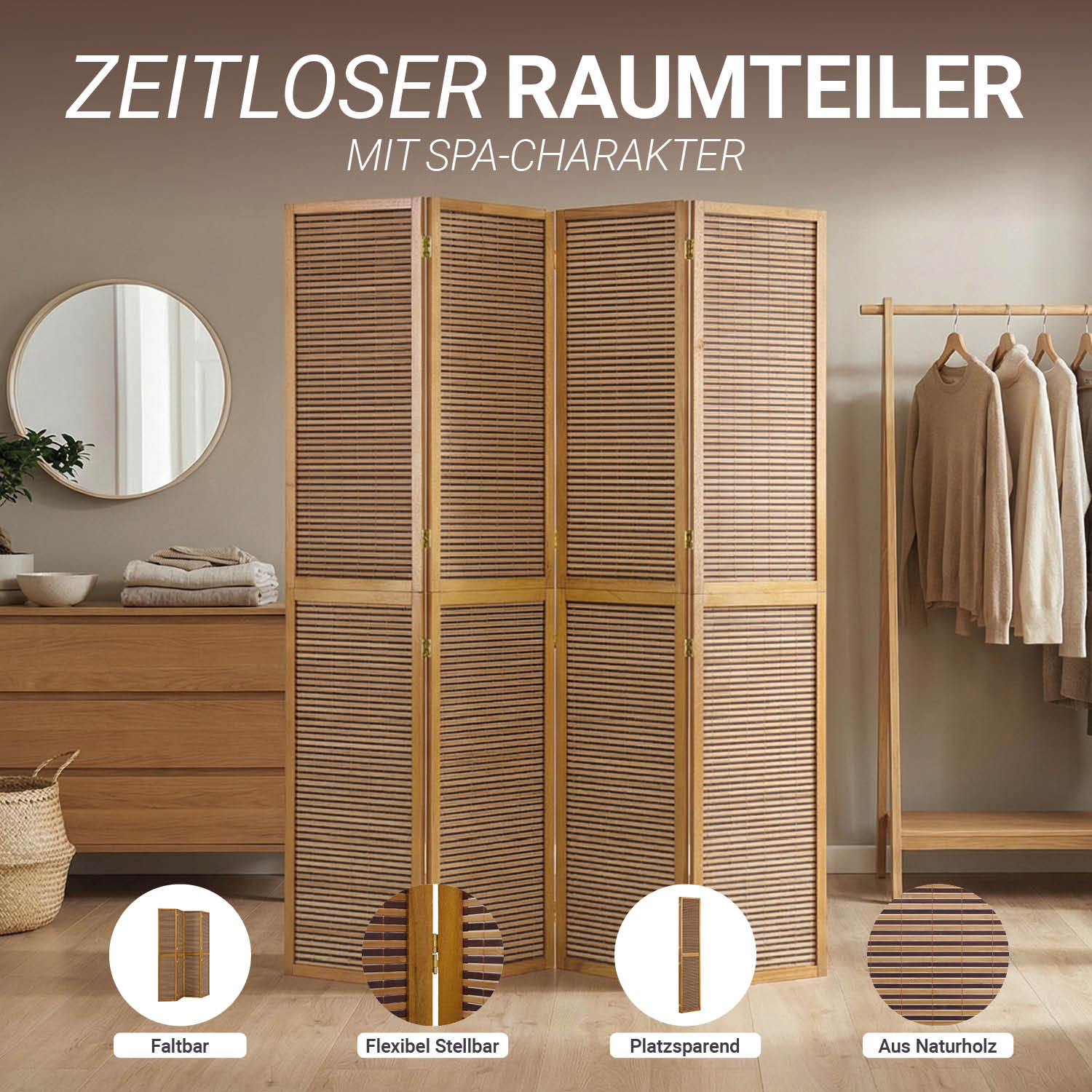 4-panel Brown Screen, 200 cm – Wooden Room Divider & Privacy Screen with Slats