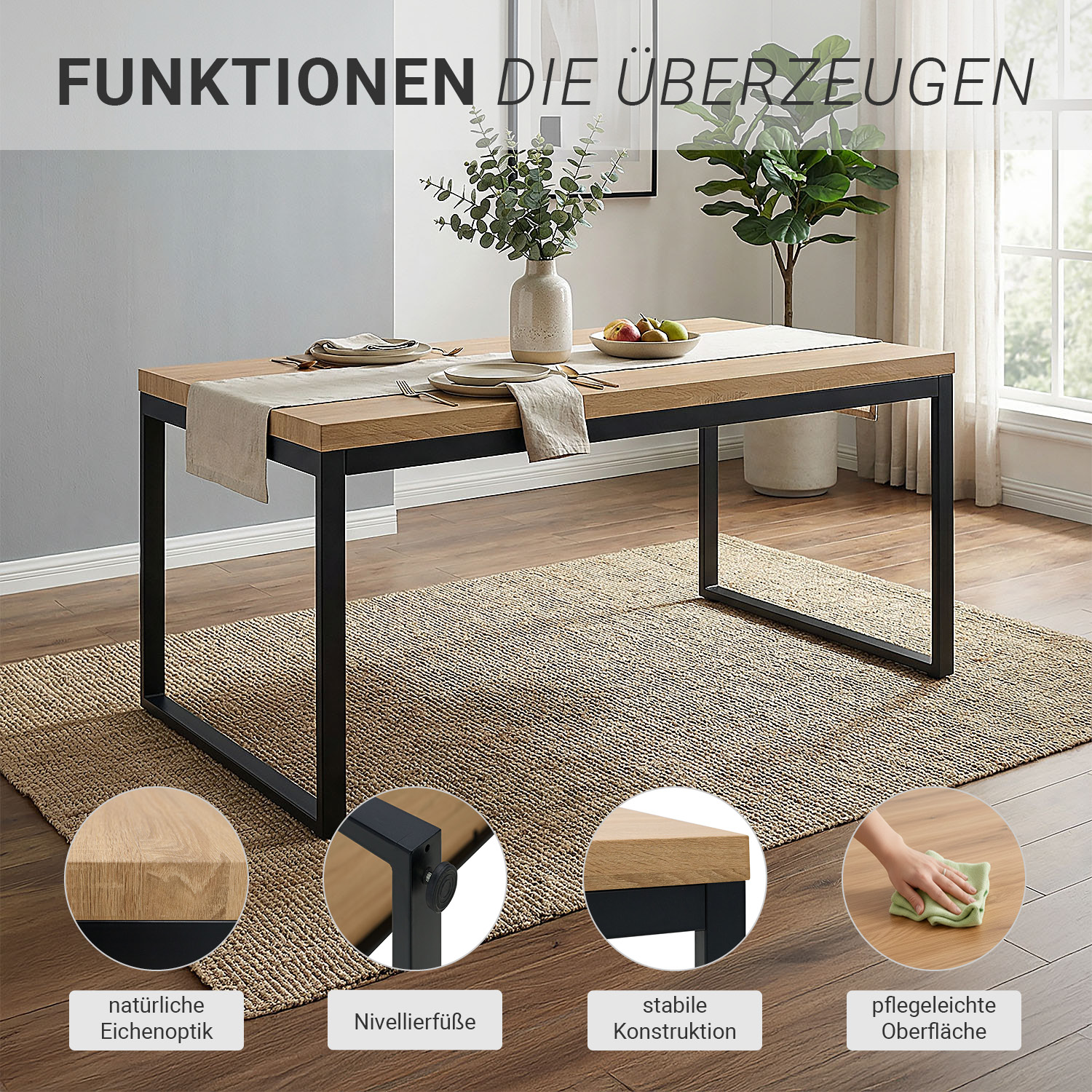 Modern Dining Table Kitchen Table Wooden Table 160x90 cm Oak Black Metal 6 Seater