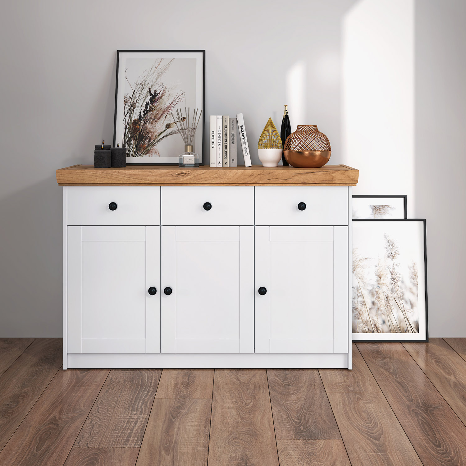 Kommode Weiß mit Eicheplatte – Sideboard mit Stauraum im Landhausstil