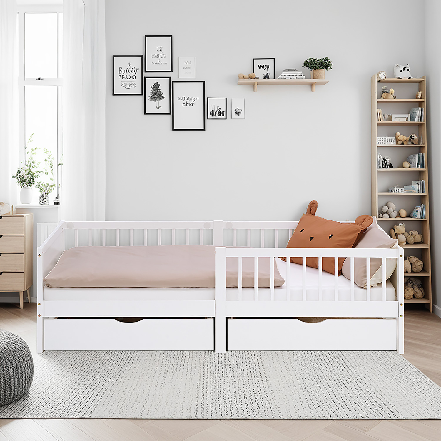 Children's Bed 90x200 cm White Natural | Wooden bed with 2 drawers | Single Bed | with Slatted Frame | Fall Protection