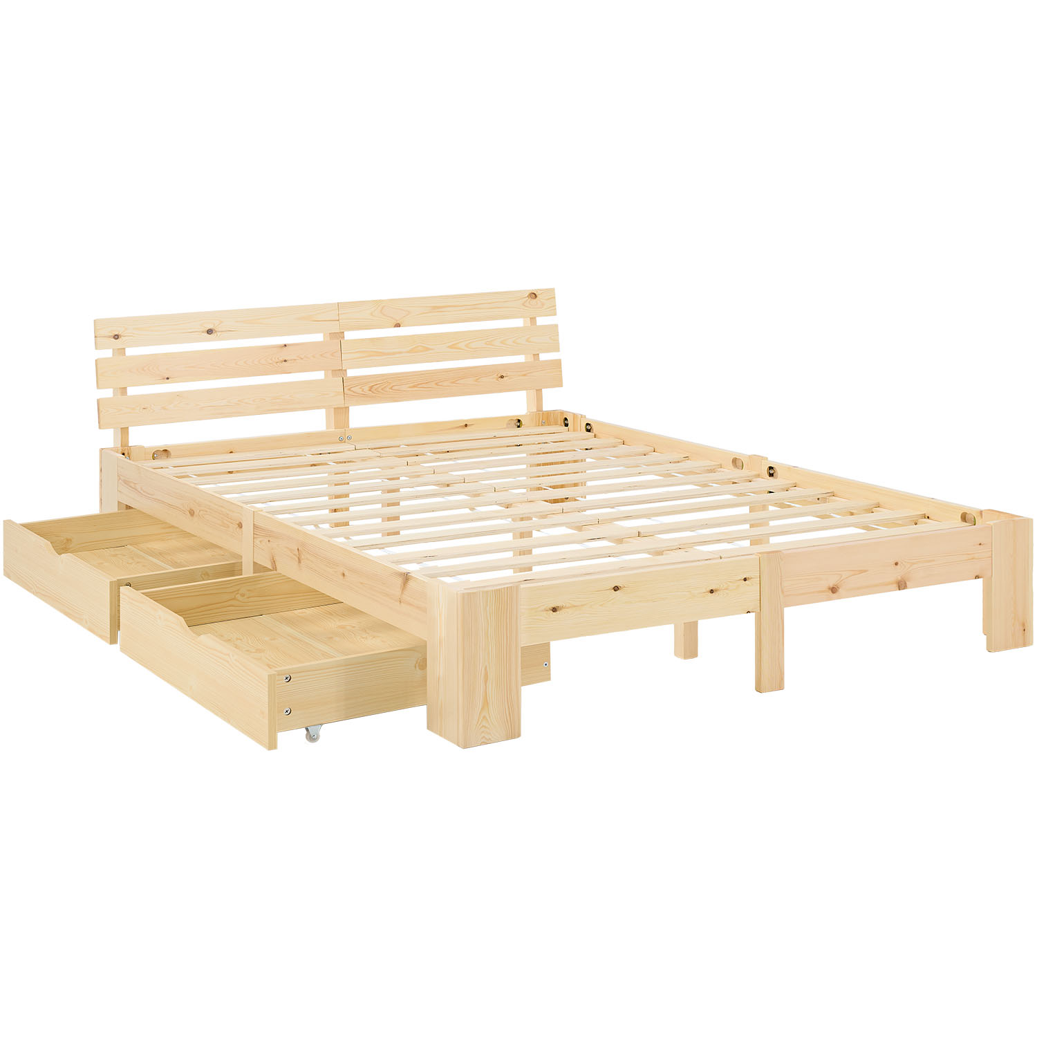 Wood Bed 180x200 cm Natural | Double Bed | with 2 Spring Mattress | 2 Drawers | Youth Guest Bedroom