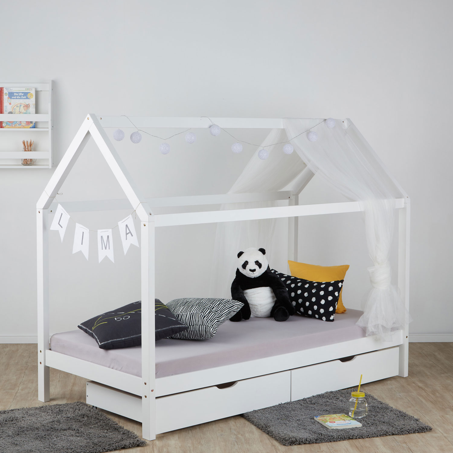 Childrens Bed with Mattress House Bed Frame For Kids 90x200 cm White With Drawers