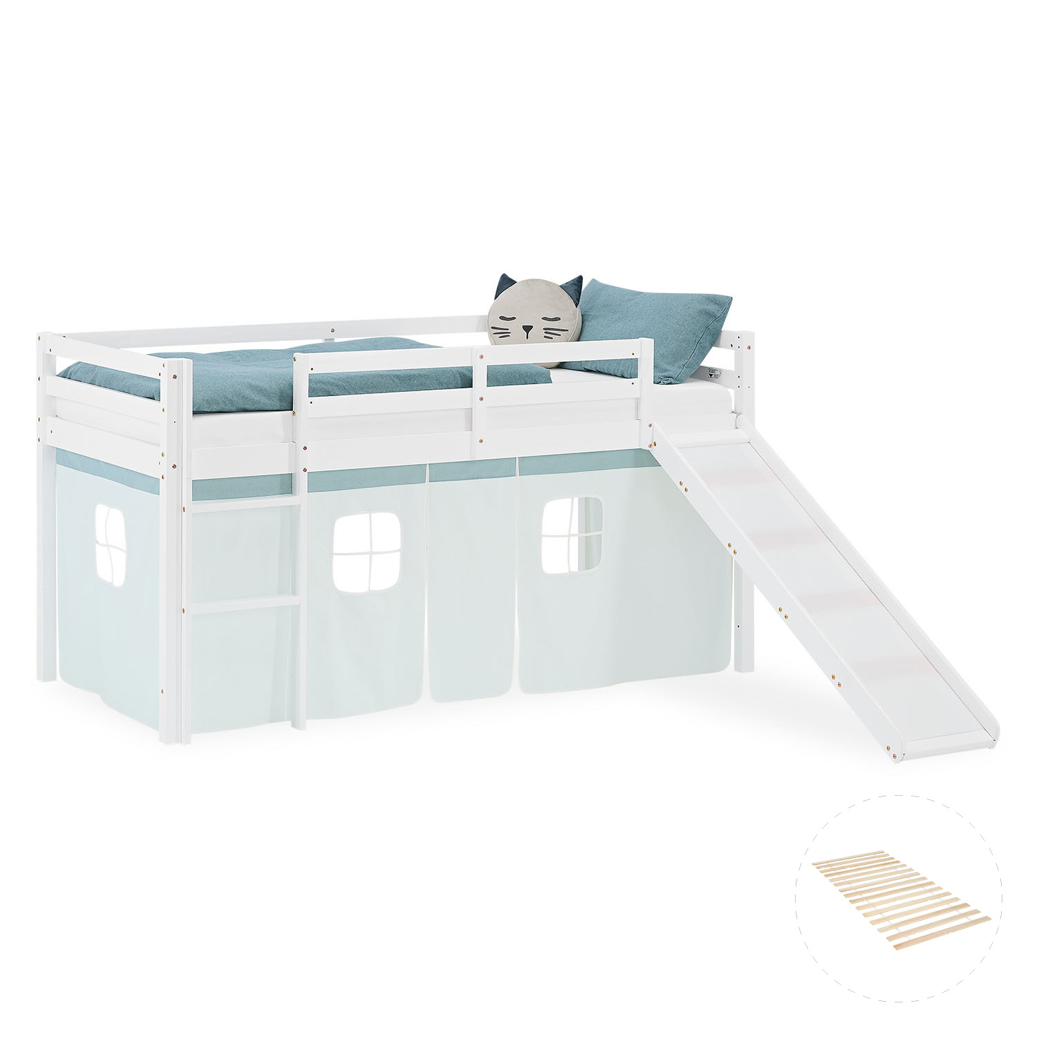 Loft Bed for Kids 90x200 cm White with Curtain in Mint Green | Slide | with Slatted Frame