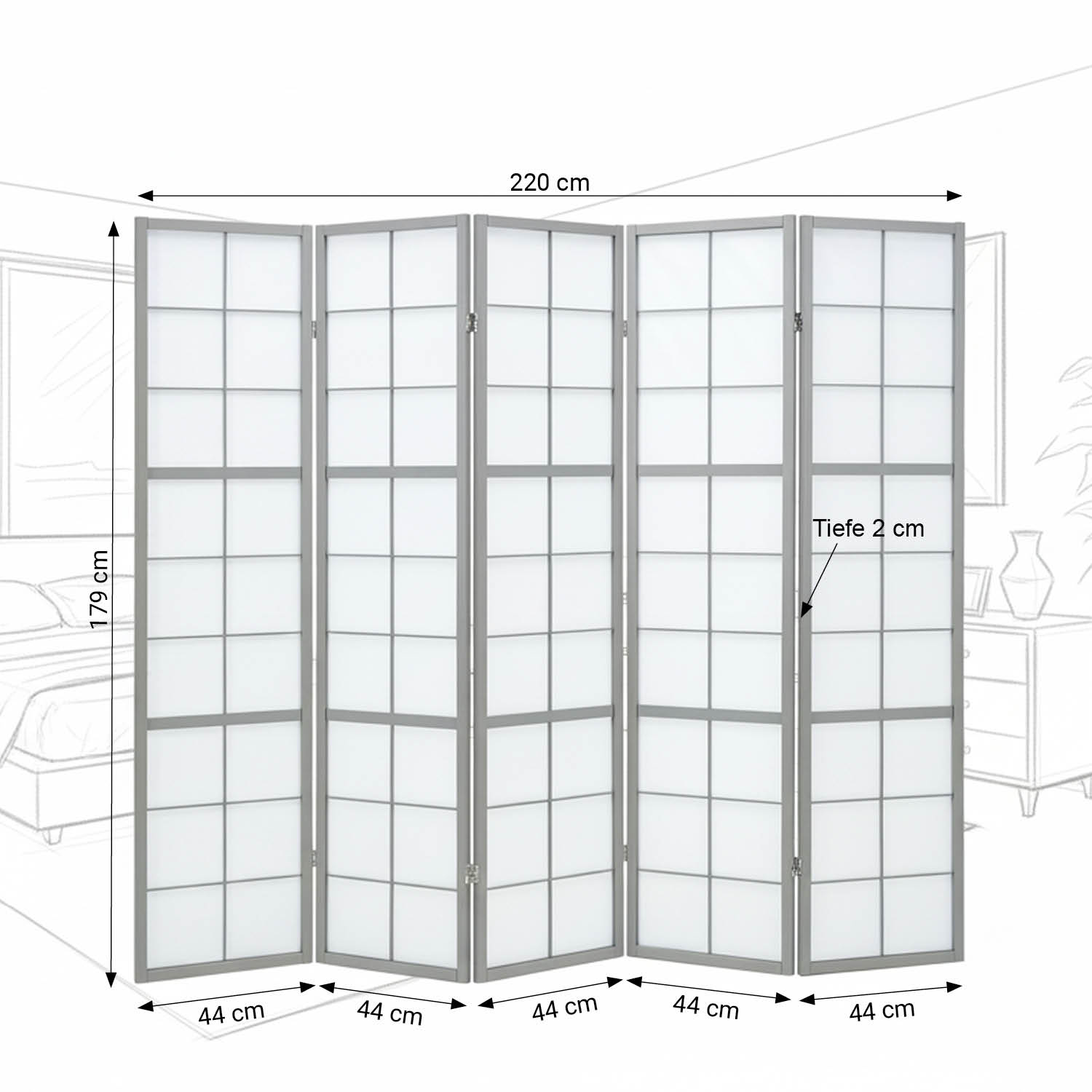 Paravent Grey Shoji | 5-panel | Wood | Room Divider | Partition Privacy Screen