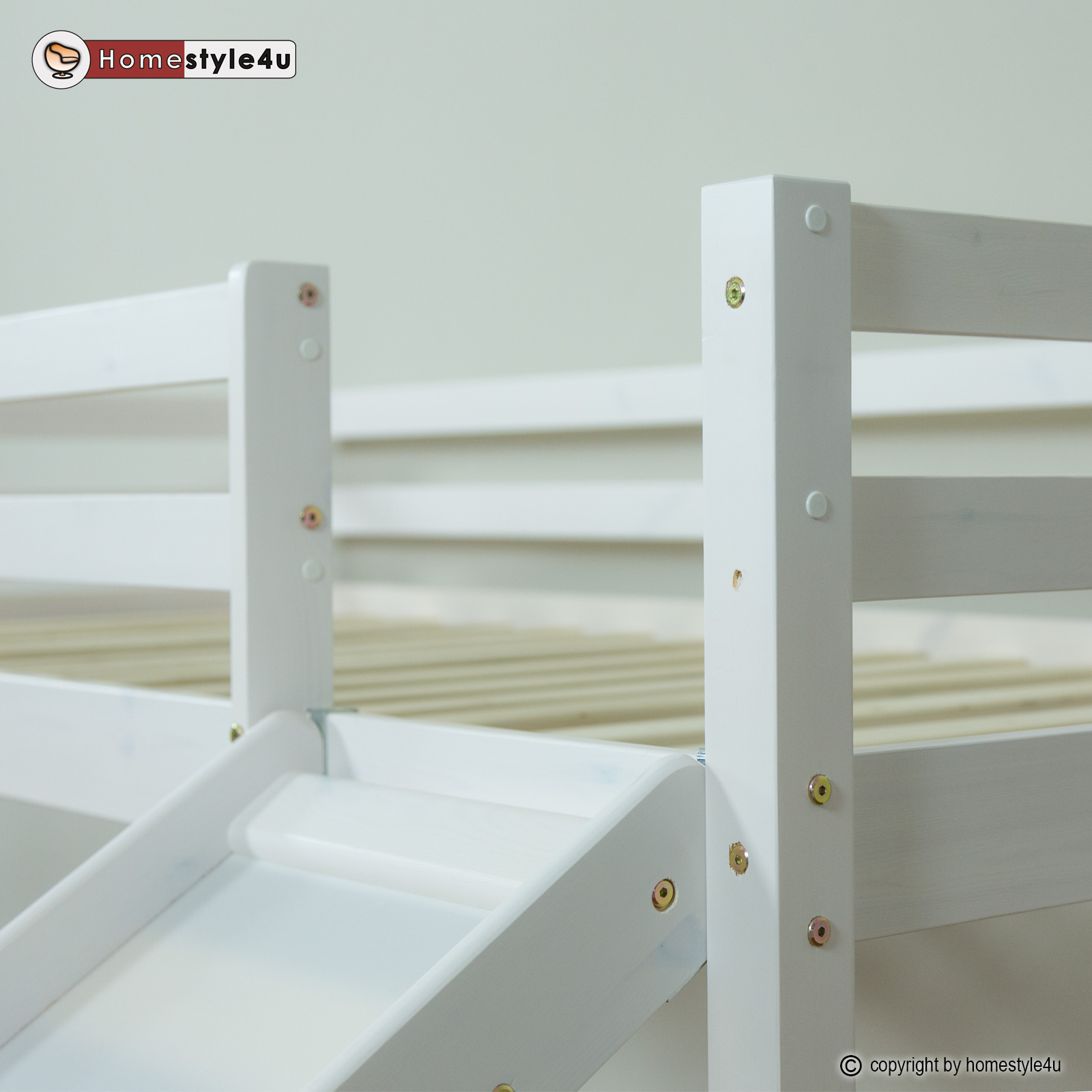 Loft Bed Kids 90x200 cm White with Curtain in Pink | Tunnel | Tower | Slide | without Slatted Frame