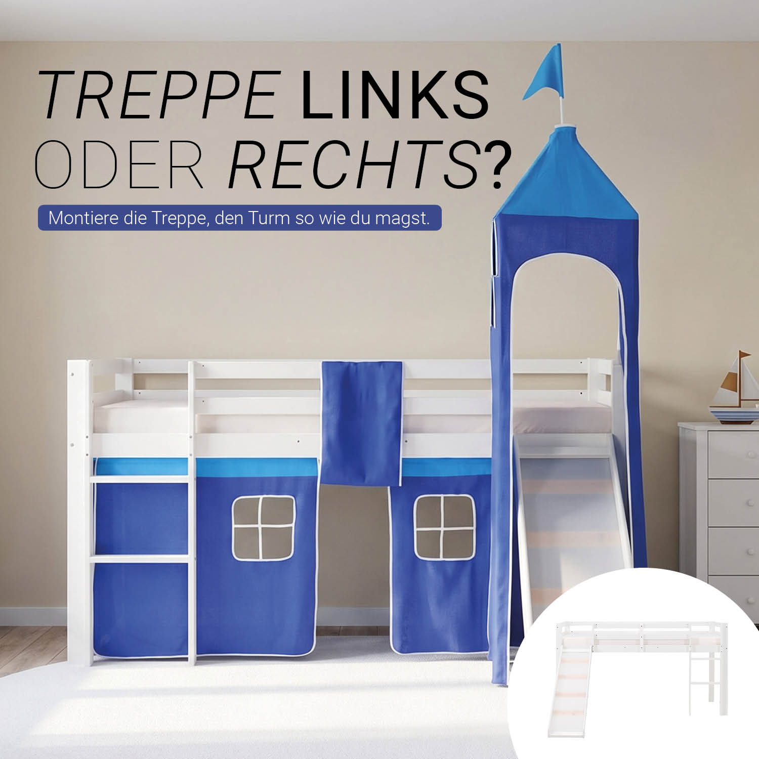 Children's Loft Bed 90x200 cm White with Blue Curtain | Tower | Slide | Without Slatted Base | For Boys