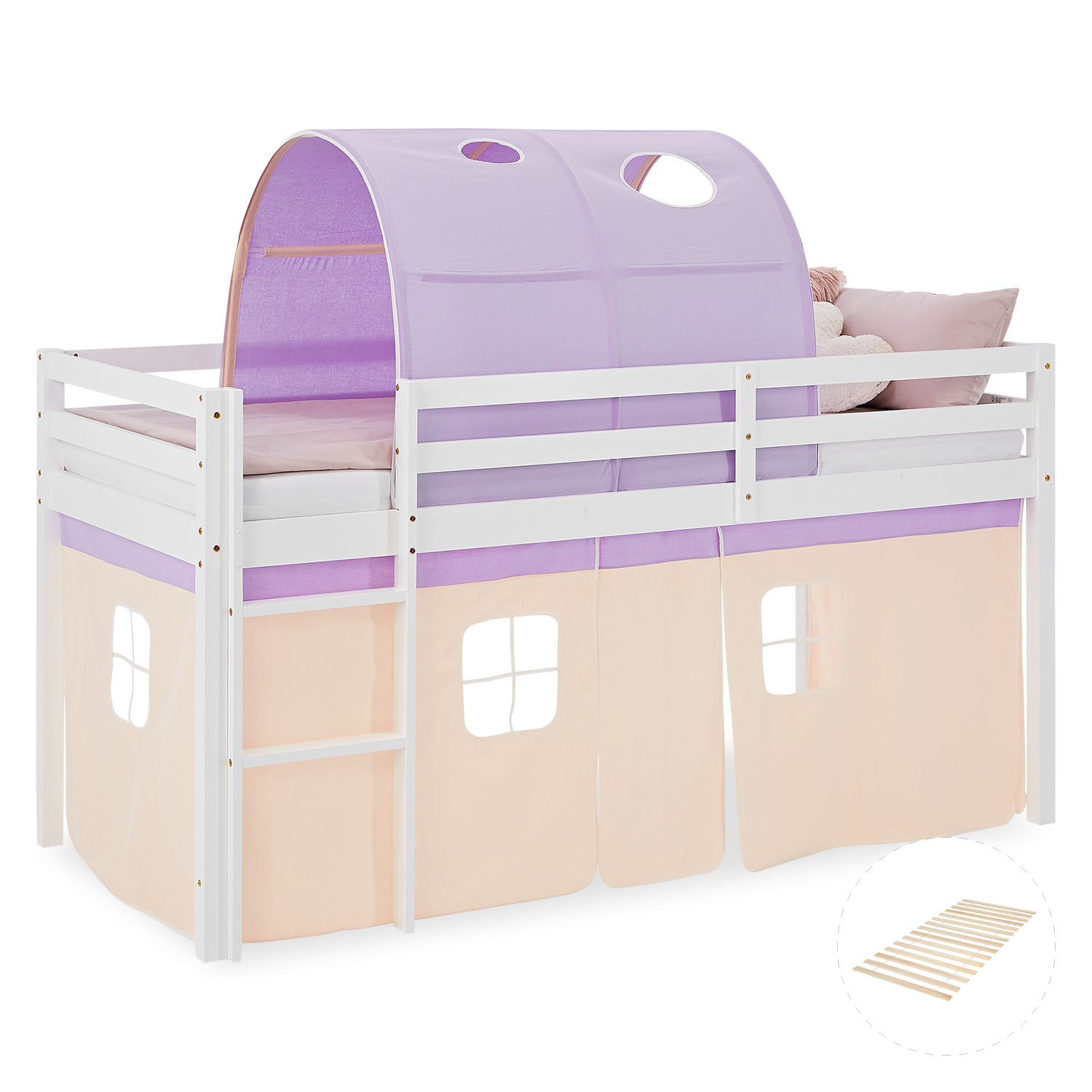 Kinderhochbett in Lila mit Holzelementen, Lattenrost, Spieltunnel und Spielvorhang. Der Artikel ist freigestellt auf weißem Hintergrund abgebildet. Sichtbare Details sind eine Leiter, seitliche Schutzgitter, ein Spielvorhang unter dem Bett und ein bogenfö