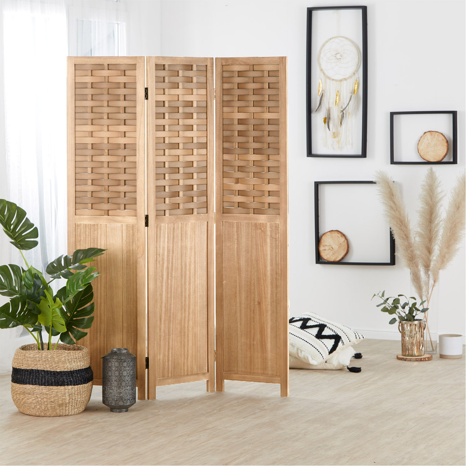 Paravent Light Brown Rattan-Style | 3-panel | Wood | Room Divider Partition Privacy Screen