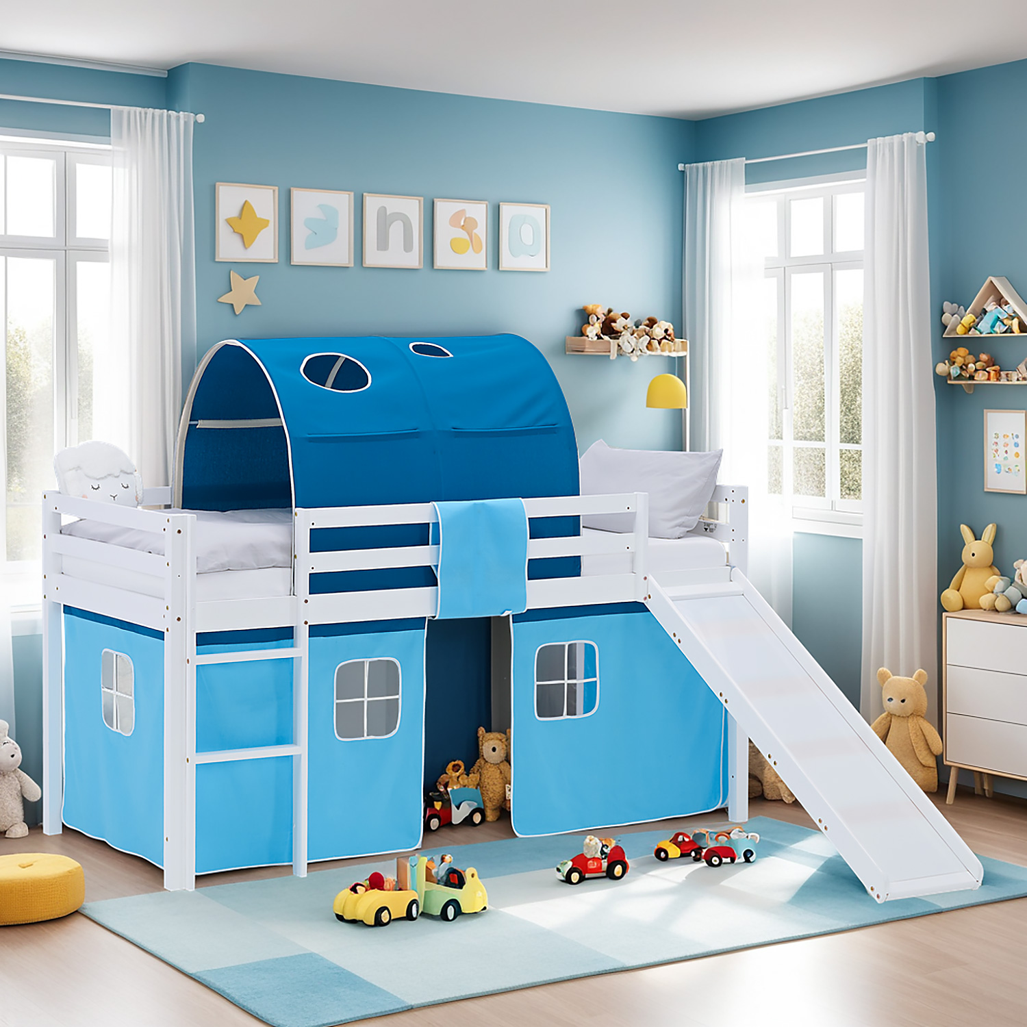 Loft Bed for Kids 90x200 cm White with Curtain & Tunnel in Blue | Slide | with Slatted Frame and Mattress