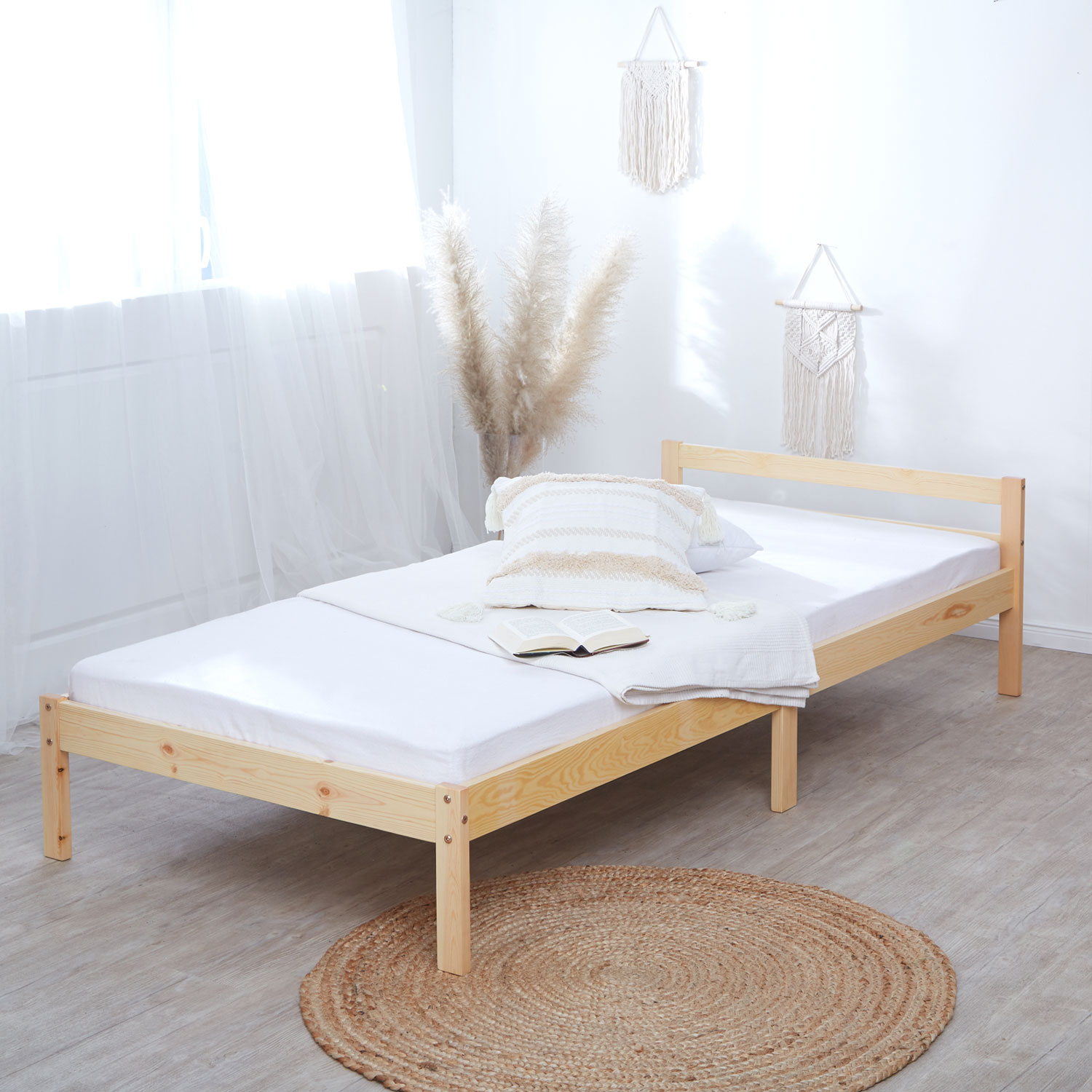 Lit en bois lit de jeunesse 90 140 x 200 cm naturel blanc sommier à lattes lit d'enfant lit de jour cadre de lit