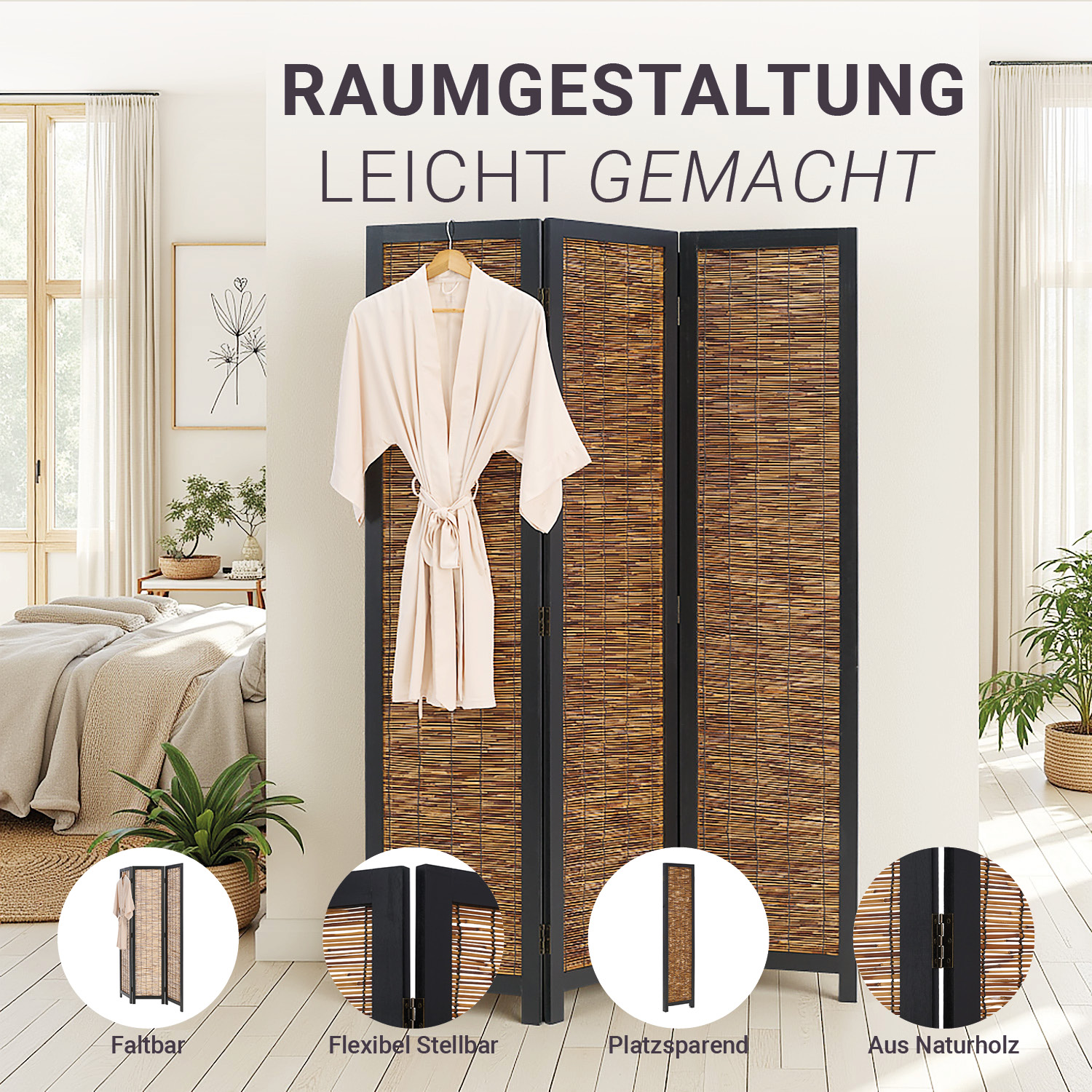 Paravent Black Wooden | 3-panel | Willow | Room Divider Partition Privacy Screen