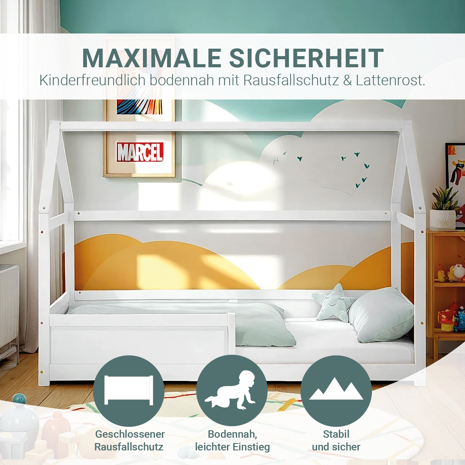 Children's Bed 90x200 cm White | House Bed with Fall Protection | Montessori | Single Bed | with Slatted Frame | Wood