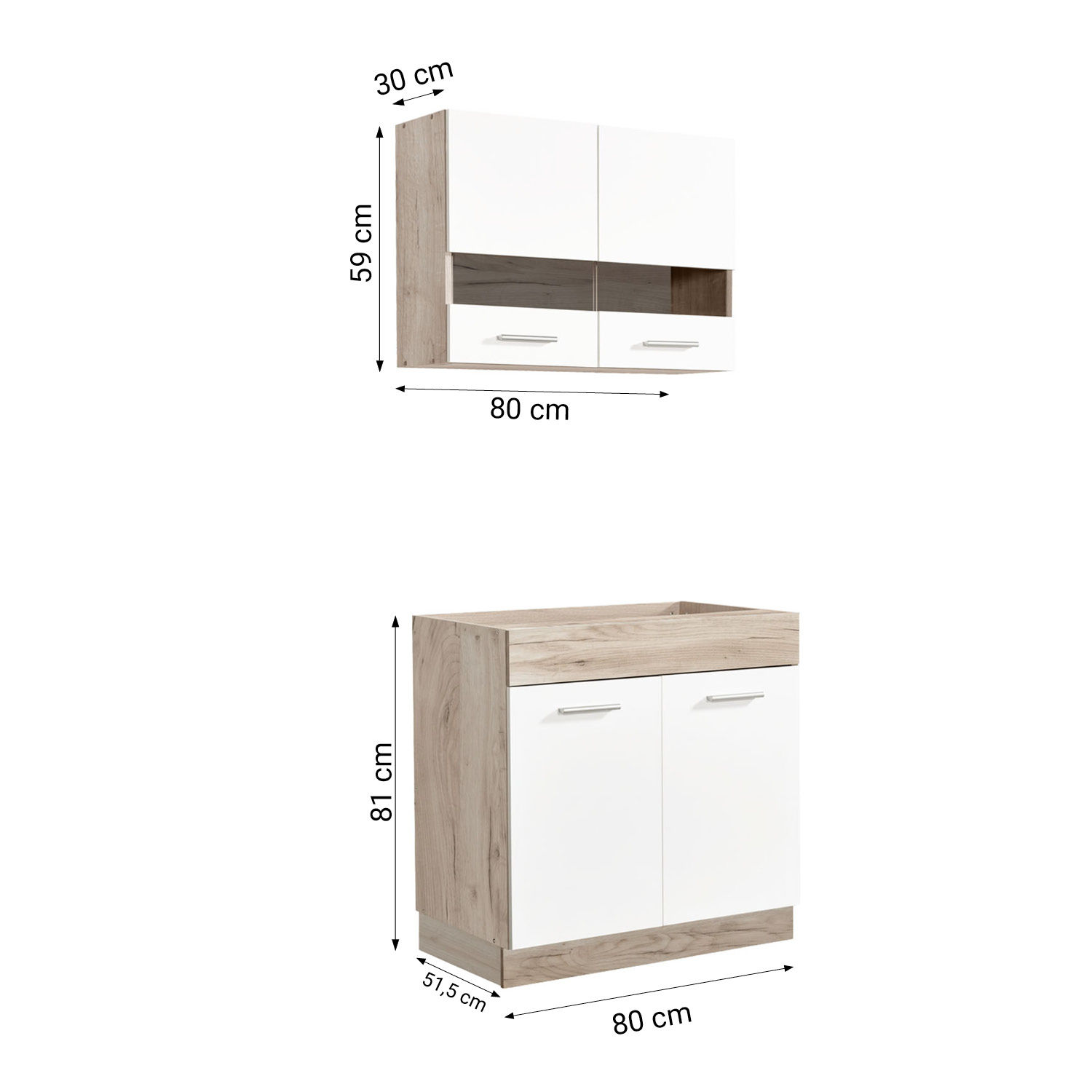 80 cm Kitchen Unit White & Oak – Mini Kitchen with Cabinet Elements, Without Sink and Appliances
