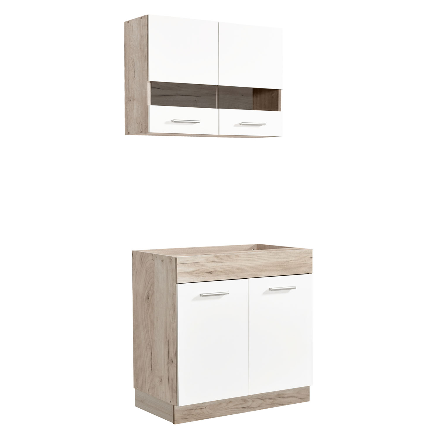 80 cm Kitchen Unit White & Oak – Mini Kitchen with Cabinet Elements, Without Sink and Appliances