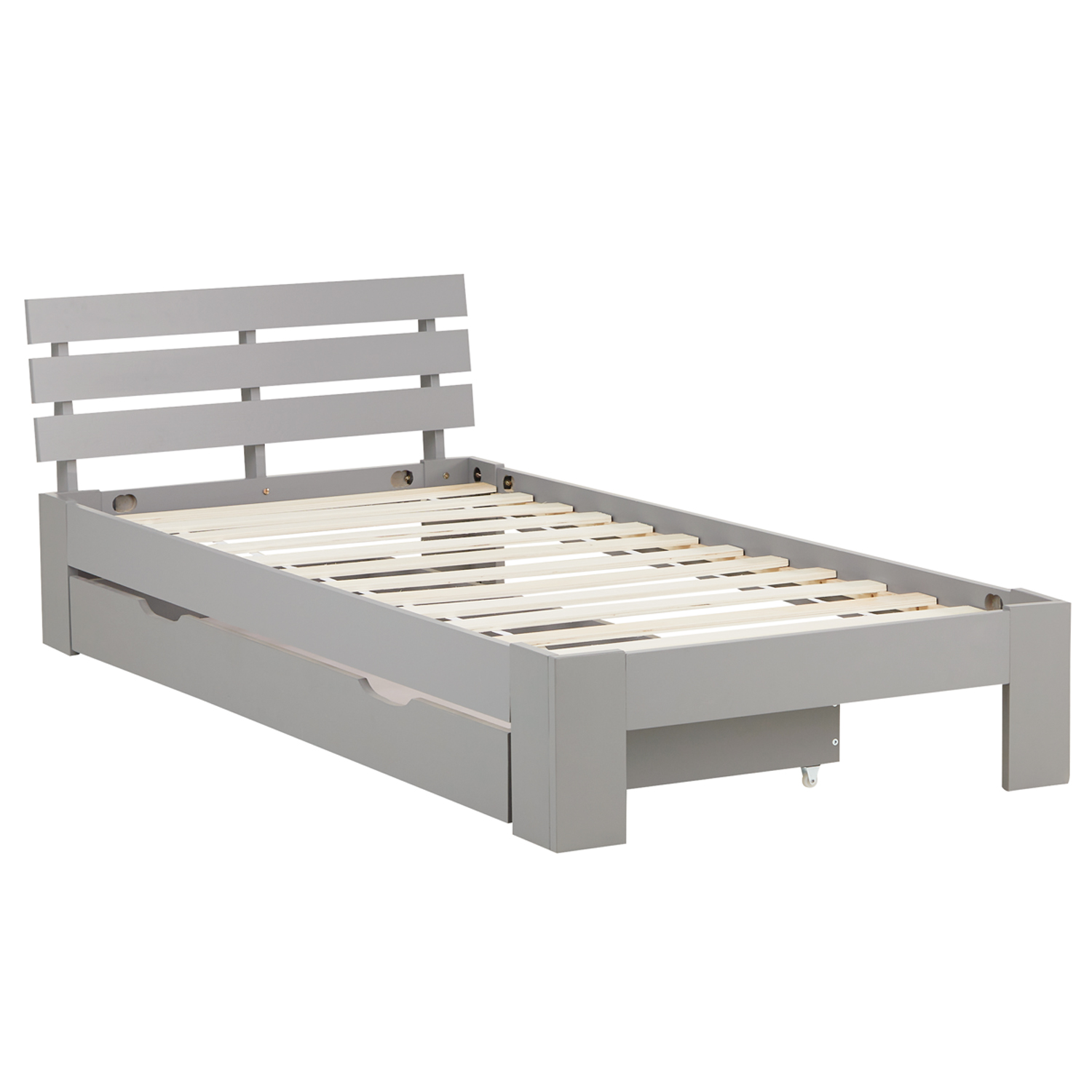 Wood Bed 90x200 cm Gray | Single Bed with Storage Drawer | with Slatted Frame | Solid | Kids Youth Guest Bedroom