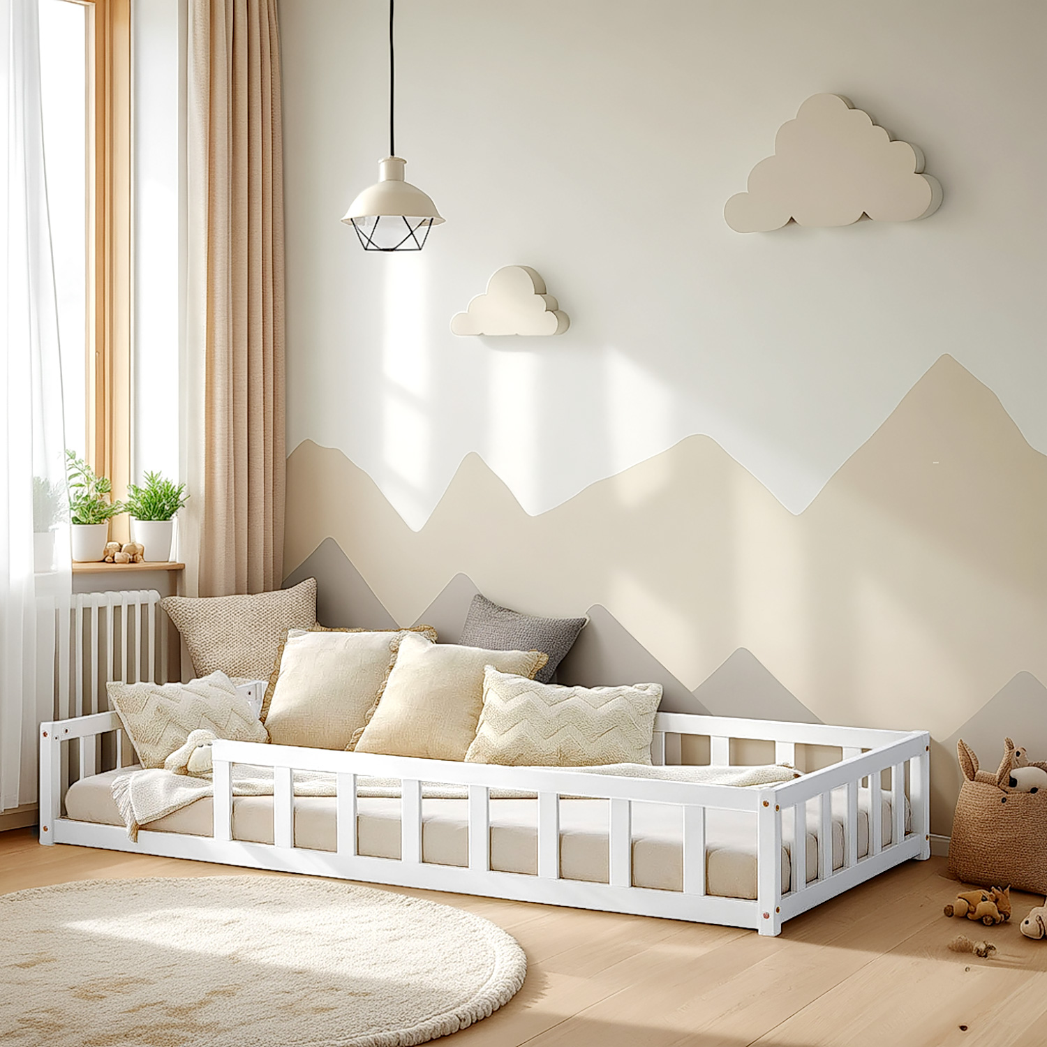 Children's Bed 90x200 White | Floor Bed with Mattress & Slatted Frame | with Fall Protection | Montessori