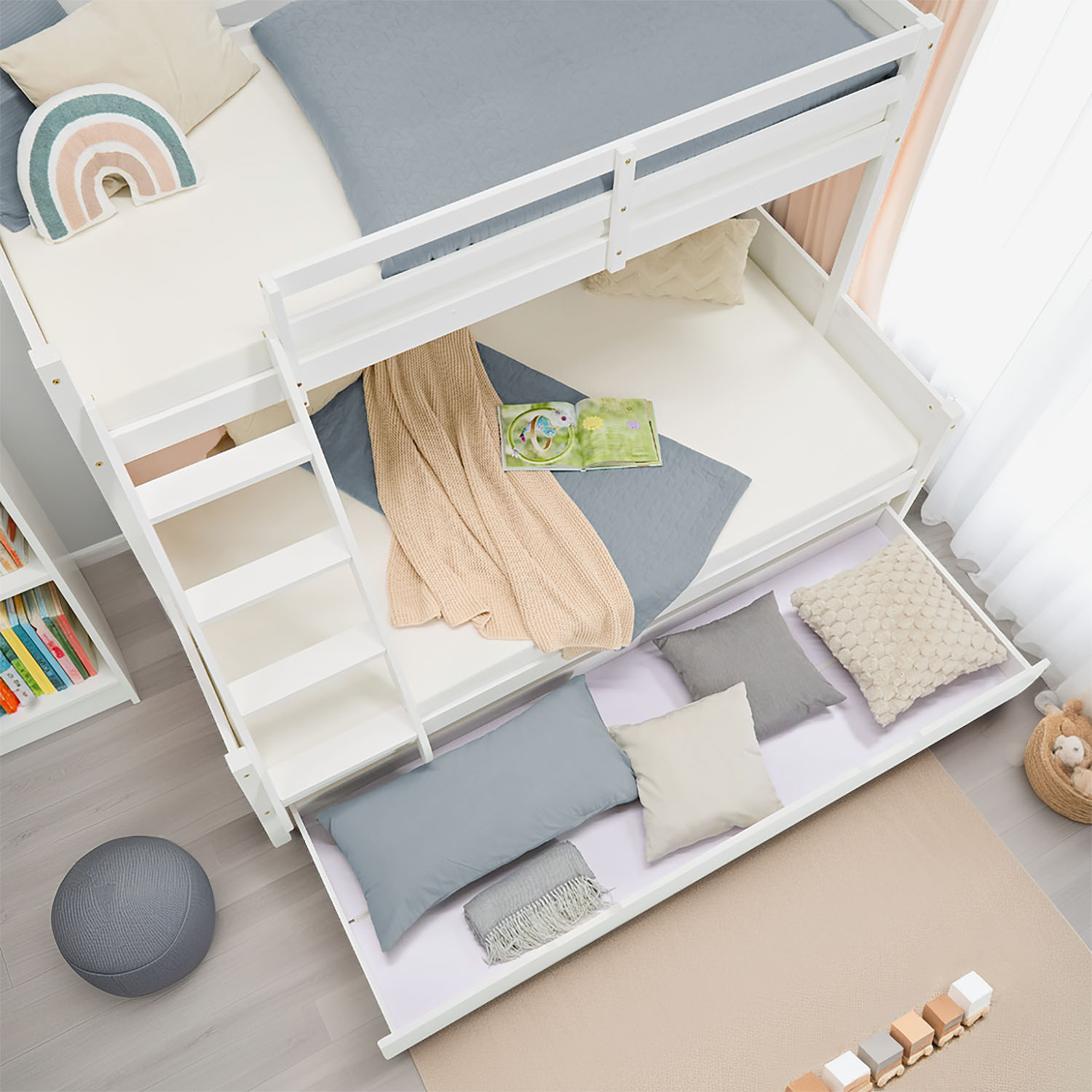 Bunk Bed with 2 Mattresses Kids Bed 90x200 and 140x200 cm White Wood Cabin Bed High Sleeper Bed Loft Bed Childrens Bed Twin Bed Drawer