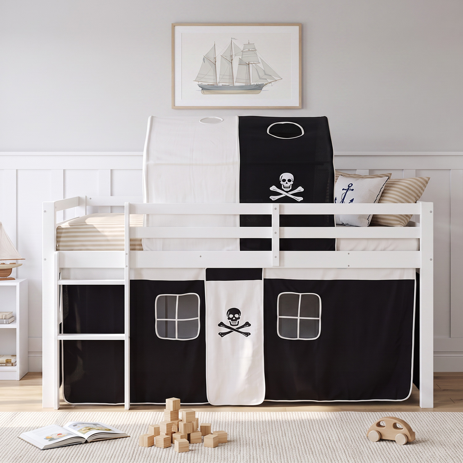 Children's loft bed, 90x200 cm, white with black curtain | Tunnel | Includes slatted base | Includes mattress