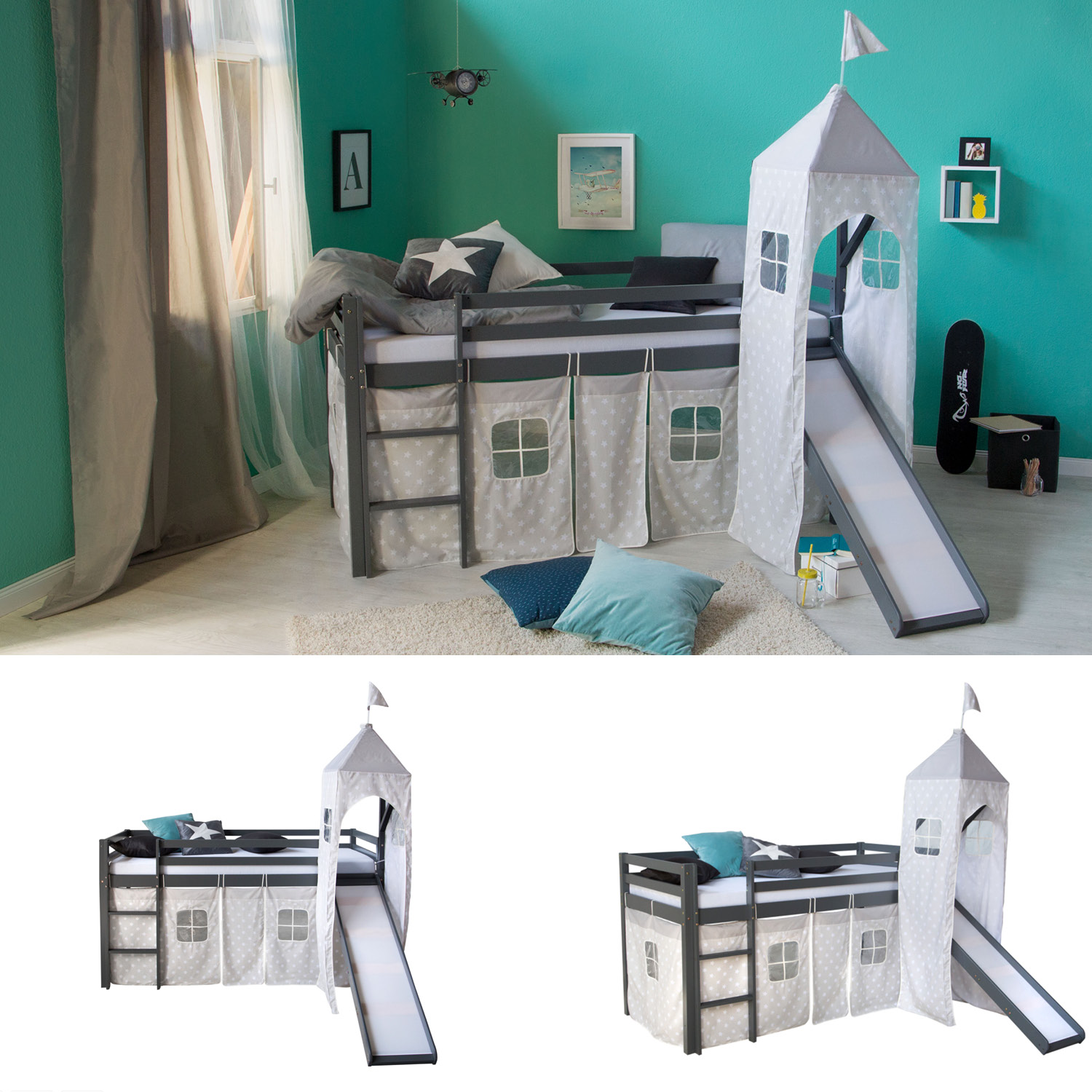 Loft Bed Kids 90x200 cm Gray with Curtain Stars | Tower | Slide | without Slatted Frame