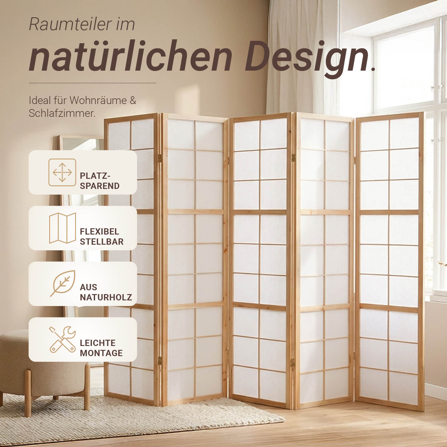 Natural Shoji Rice Paper Screen | 6-panel | Wood | Room Divider, Partition, Privacy Screen