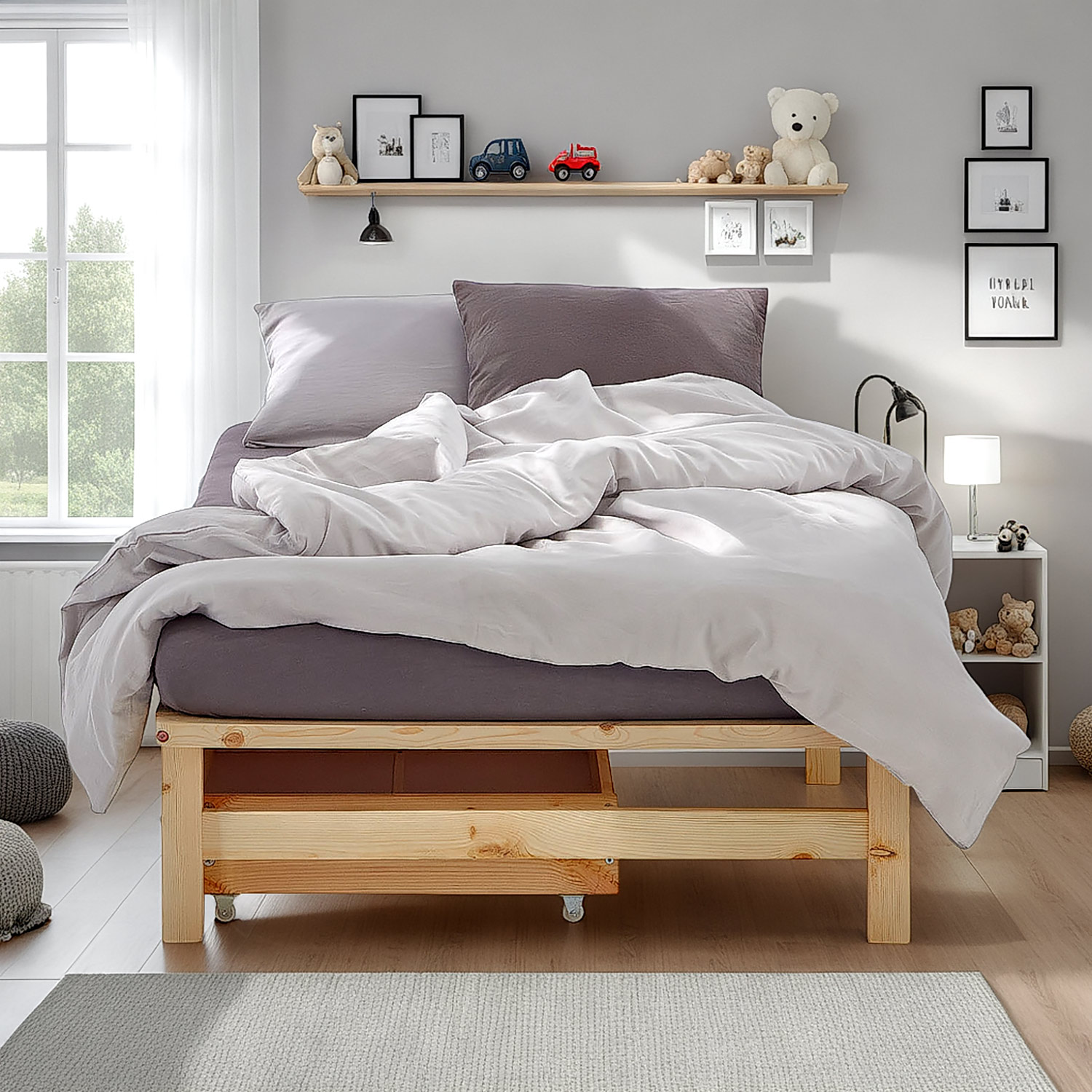 Pallet Bed 100x200 cm Natural | Single Bed with Storage Drawers | with Slatted Frame | Wood | Kids Youth Guest Bedroom