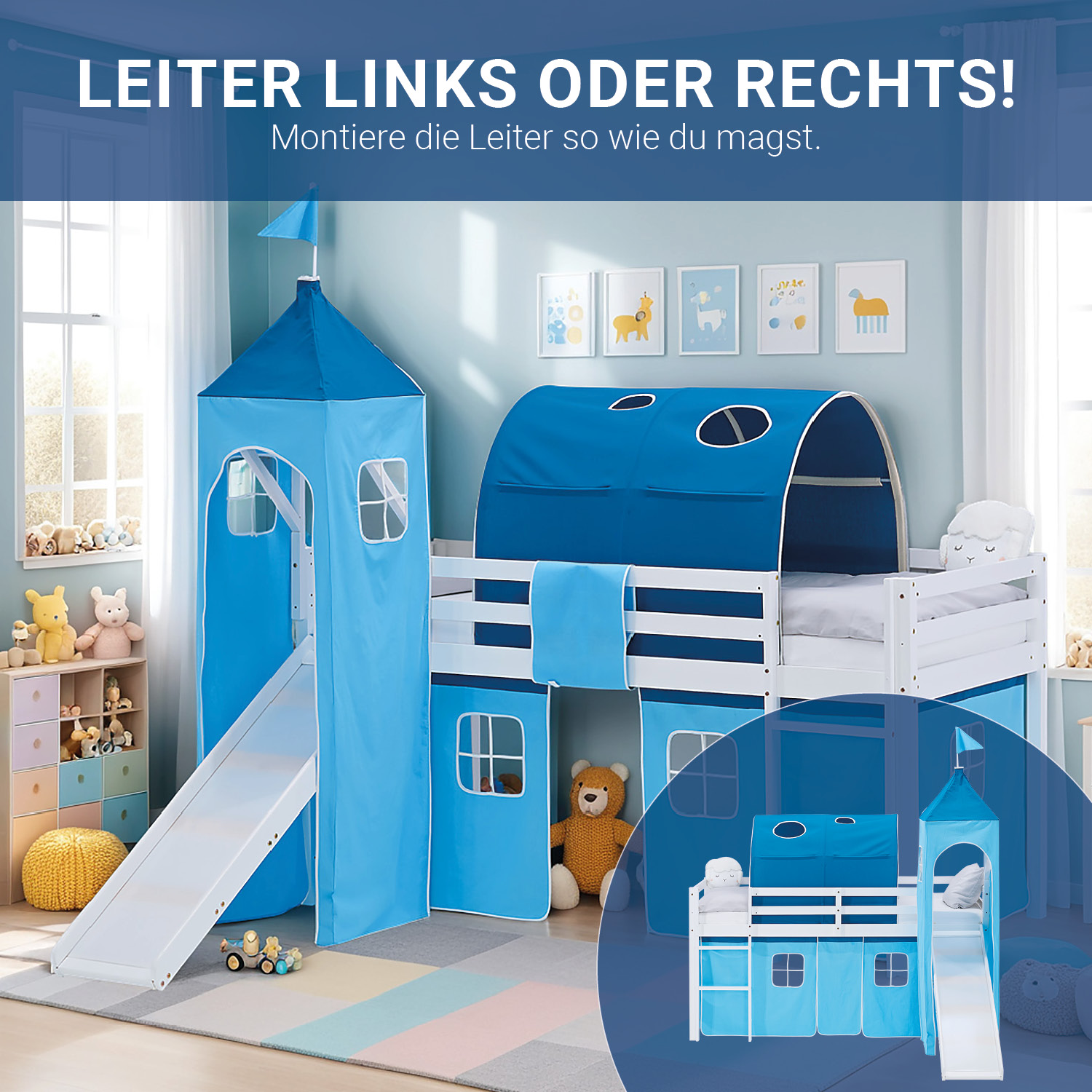 Loft Bed for Kids 90x200 cm White with Curtain in Blue | Slide | Tower | Tunnel | with Slatted Frame and Mattress