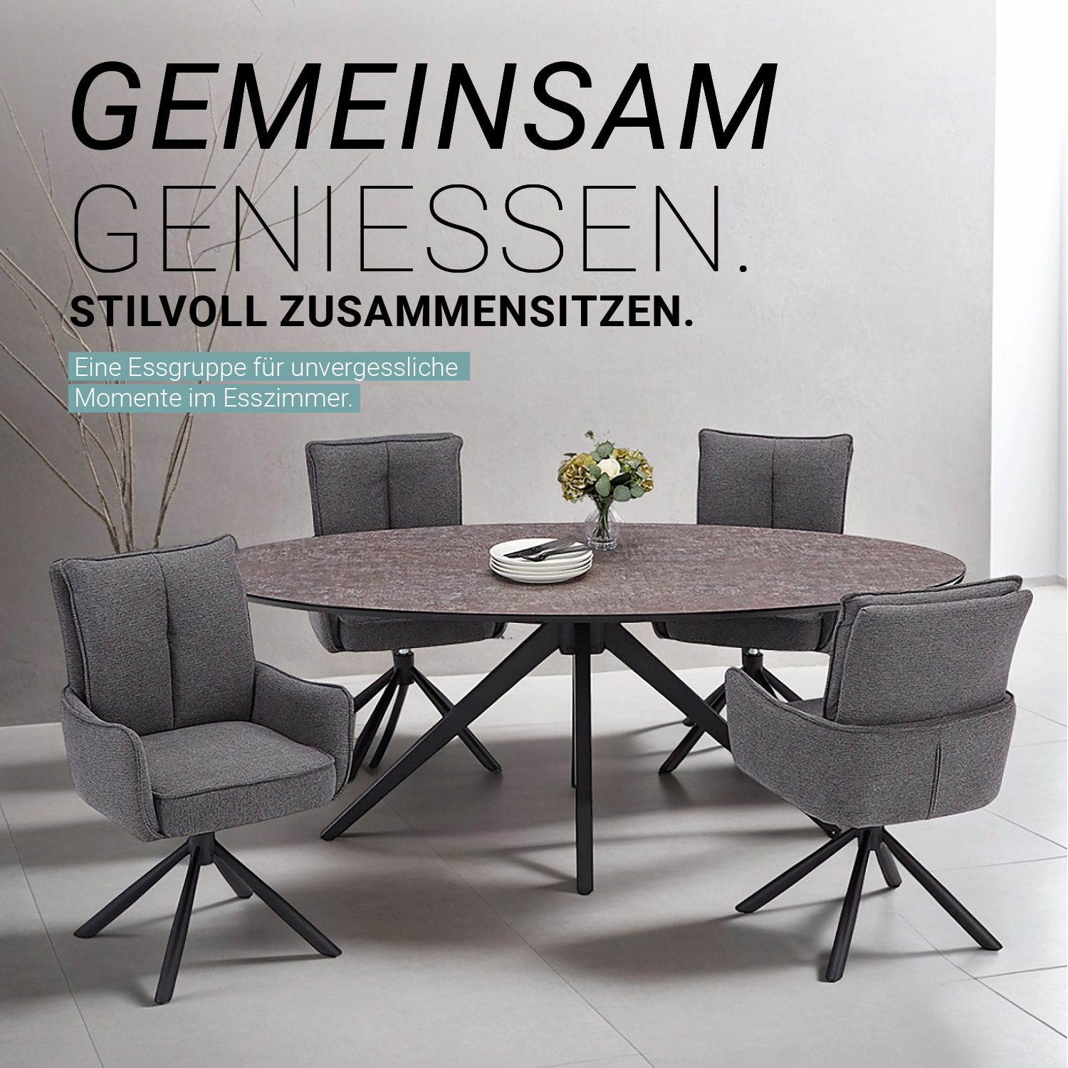 Dining set | 4-piece set upholstered chairs anthracite with armrest | swivel | dining table brown metal frame oval 200 cm